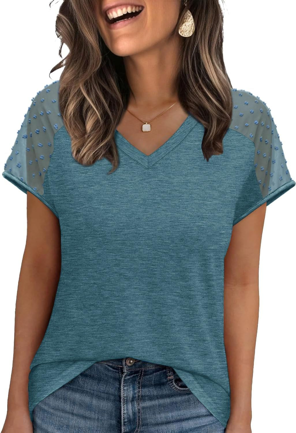 WIHOLL Summer Tops for Women V Neck T-Shirts Swiss Dot Short Sleeve Shirts Casual Fashion Blouses