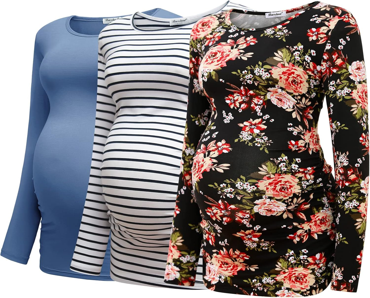 Bearsland Womens Maternity Long Sleeve Tshirt 3 Packs Classic Side Ruched Tee Top Mama Pregnancy Clothes