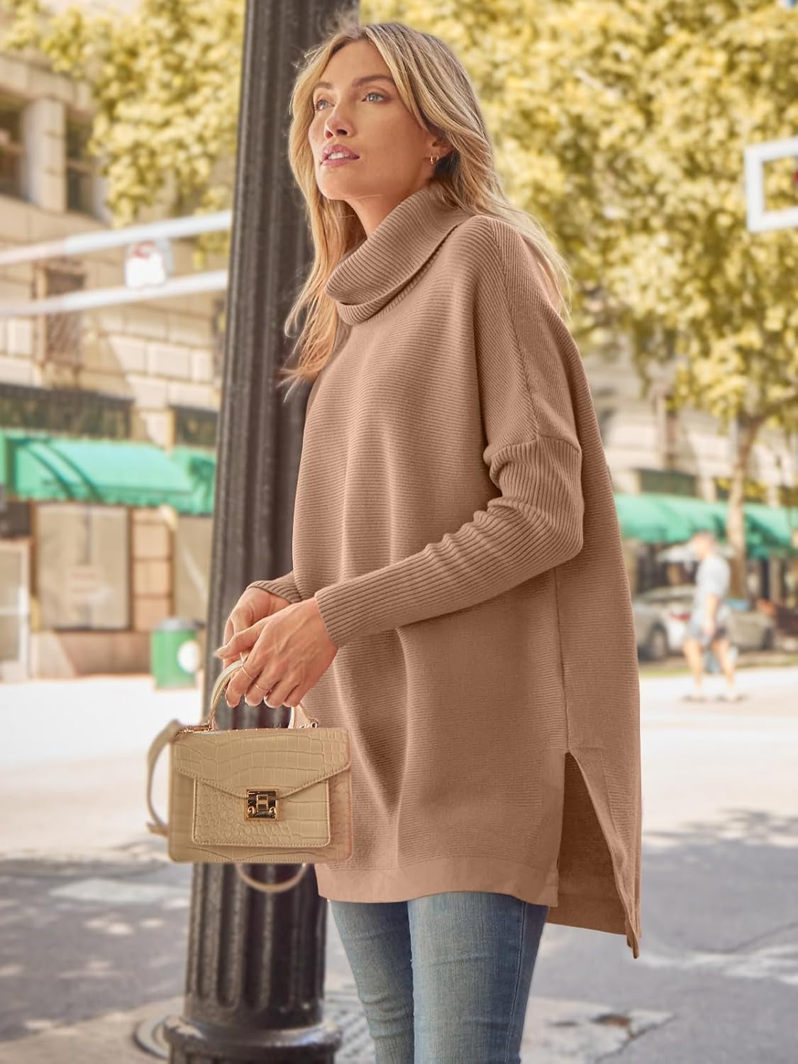 LILLUSORY Women'S Turtleneck Oversized Sweaters Long Batwing Sleeve Spilt Hem Tunic Pullover Knit Tops