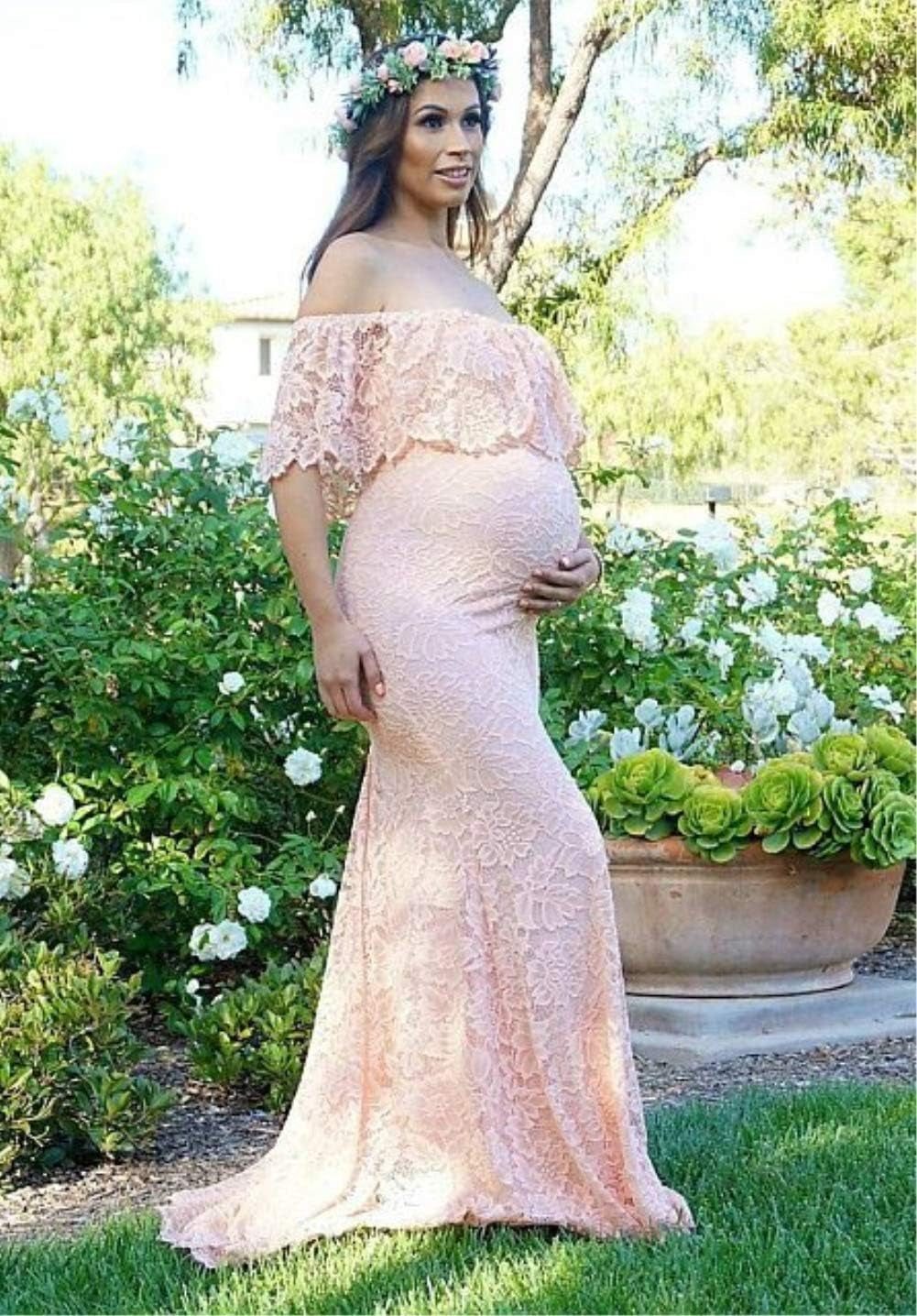 ZIUMUDY Women'S off Shoulder Ruffles Lace Maternity Gown Maxi Photography Baby Shower Dress