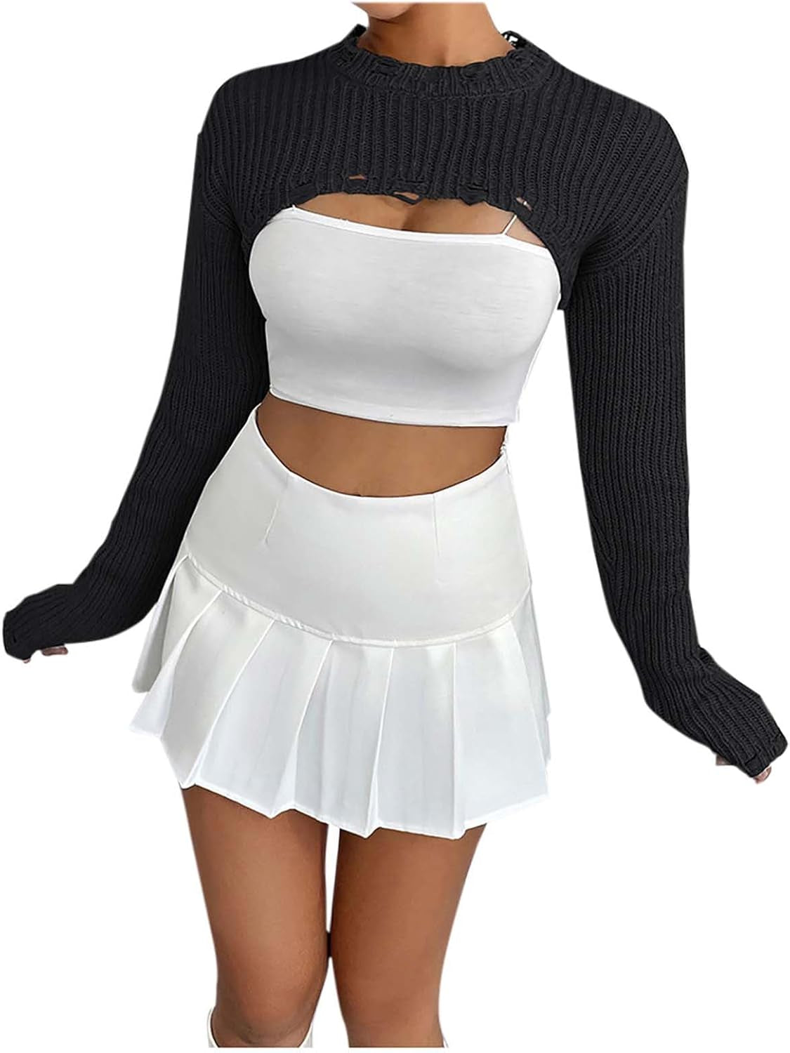 Hgps8W Women'S Cropped Sweater, Sexy Ripped Long Sleeve Crewneck Loose Pullover Knitwear Tops