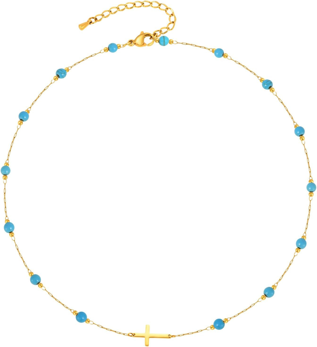 Gold Evil Eye Turquoise Necklace - 14K Gold Plated Turquoise Beaded Necklaces,Non Tarnish Golden Lucky Protection Western Jewelry,Trendy Boho Evil Eye Choker Gifts for Women Girlfriend Sister Wife