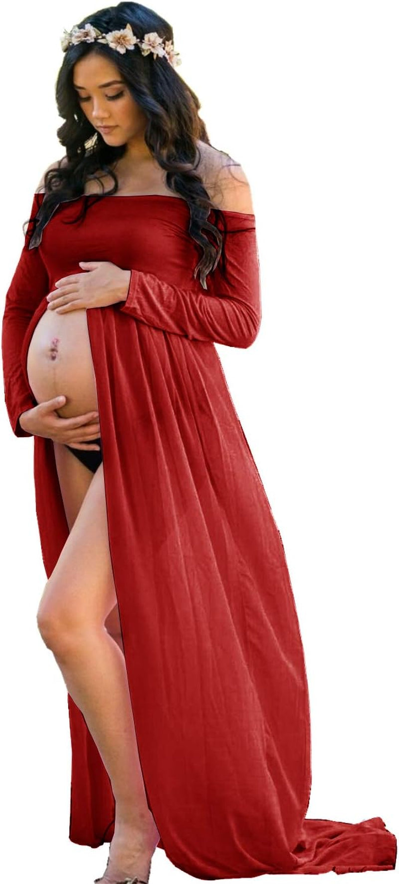 ZIUMUDY Maternity Maxi Chiffon Photography Dress Split Front Gown for Photoshoot