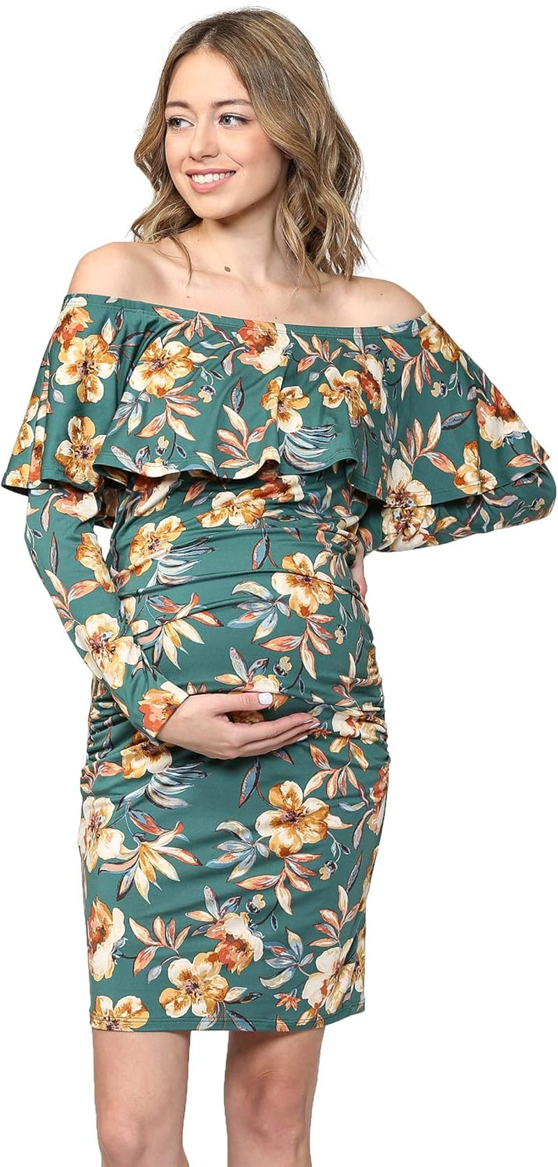 Hello MIZ Women'S Floral Ruffle off Shoulder Maternity Dress - Made in USA