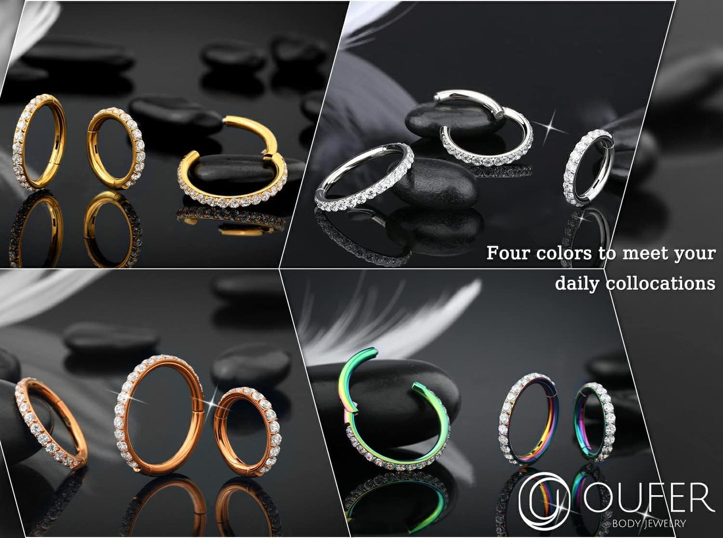 OUFER Belly Button Rings - 14G Surgical Steel Hoop Jewelry, Clear CZ Paved Belly Hoops