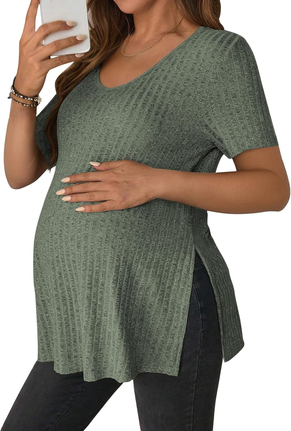 Jinigolla Women'S Maternity T Shirt Ribbed Knit Pregnancy Tops Side Split Casual Maternity Blouse