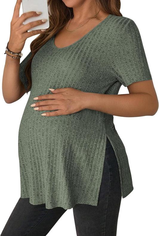 Jinigolla Women'S Maternity T Shirt Ribbed Knit Pregnancy Tops Side Split Casual Maternity Blouse