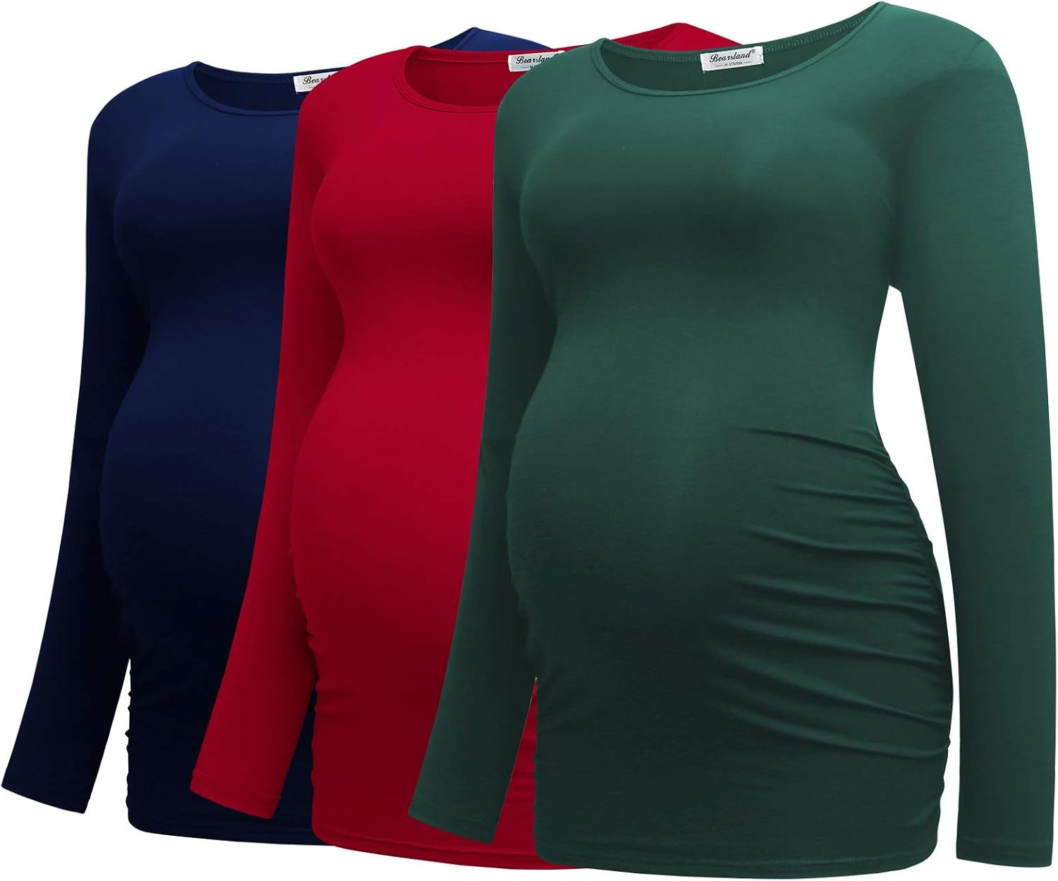Bearsland Womens Maternity Long Sleeve Tshirt 3 Packs Classic Side Ruched Tee Top Mama Pregnancy Clothes