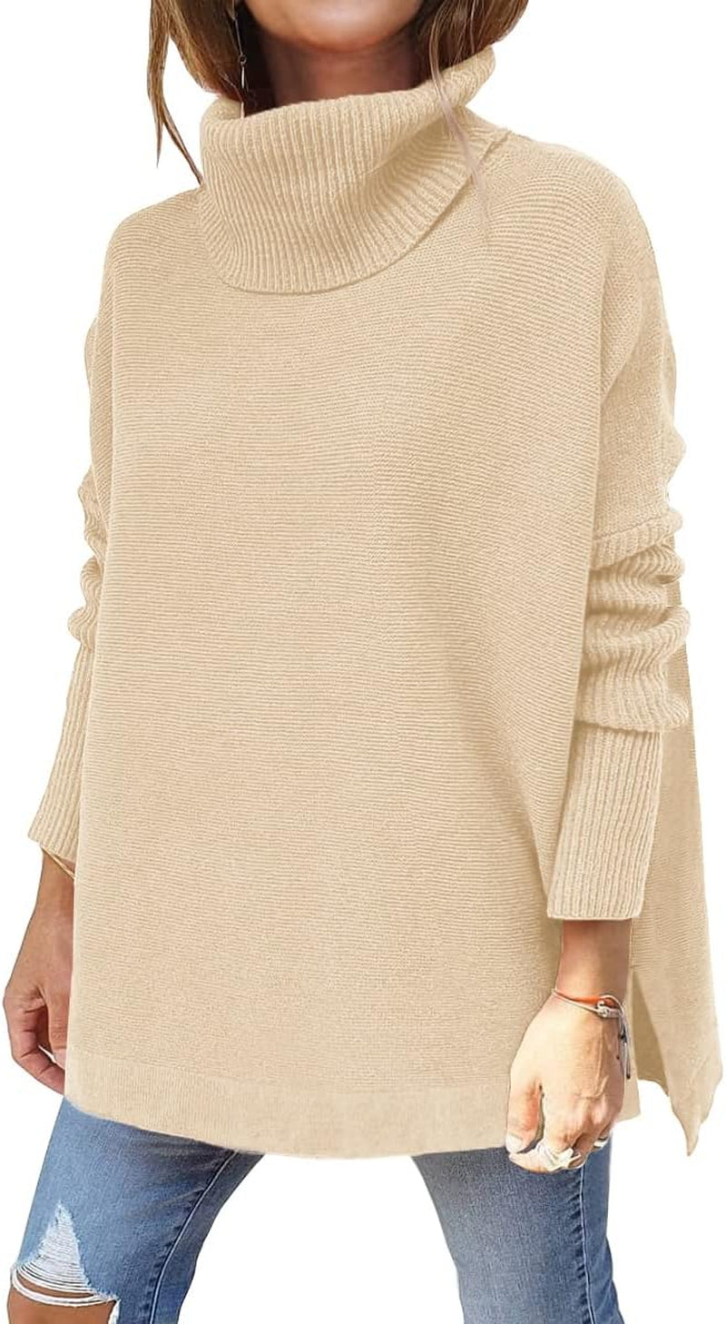 LILLUSORY Women'S Turtleneck Oversized Sweaters Long Batwing Sleeve Spilt Hem Tunic Pullover Knit Tops