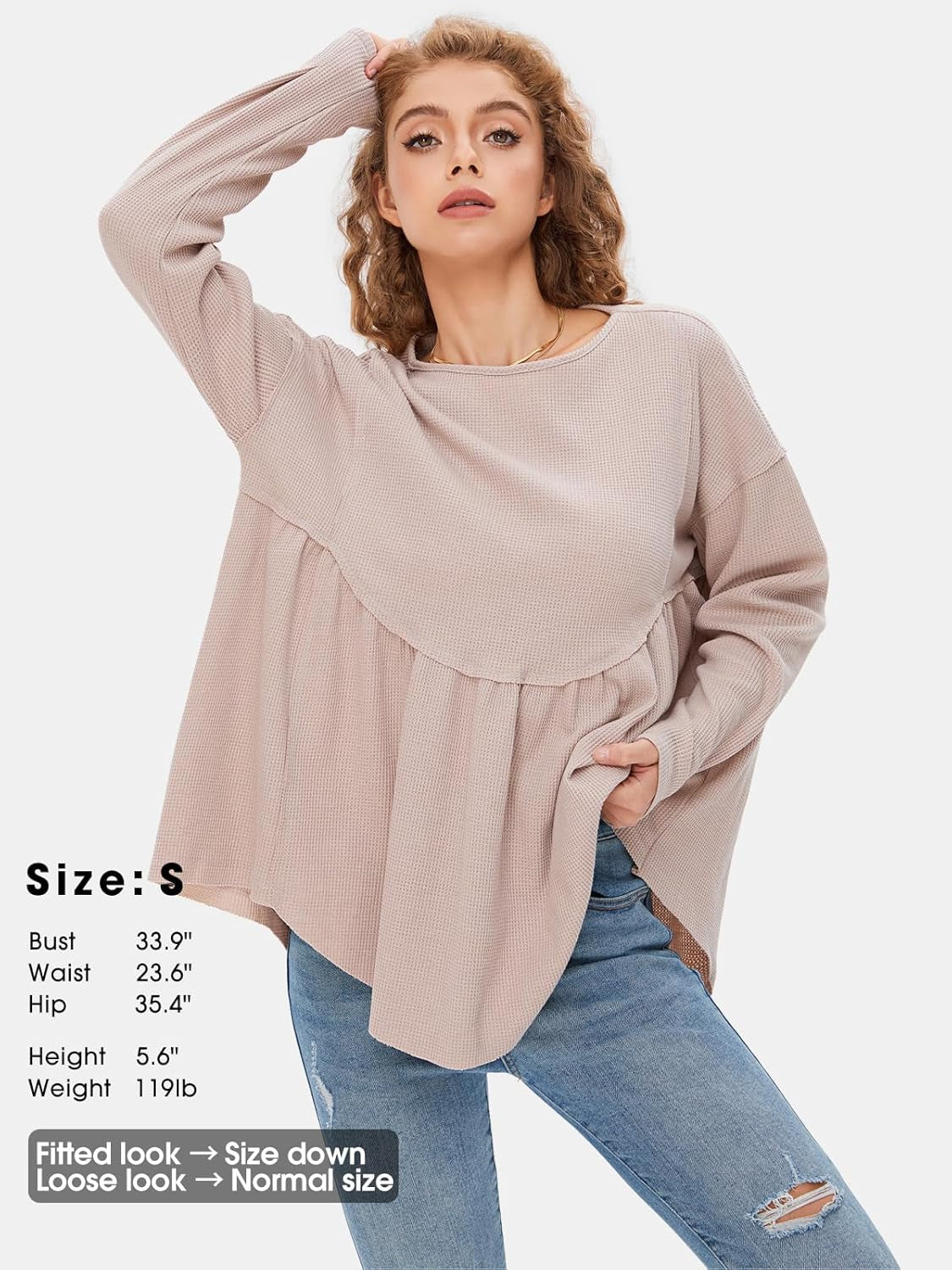 EXLURA Waffle Knit Long Sleeve Shirts for Womens Crewneck Loose Babydoll Tunic Tops Maternity Tops Fall Fashion 2024 Clothes Apricot