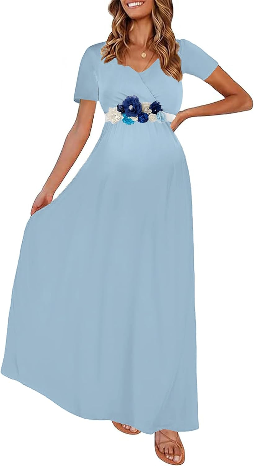KIM S Maternity Maxi Dress with Flower Sash(S-3Xl)/Wrapped Ruched V Neck Photoshoot Baby Shower Dresses