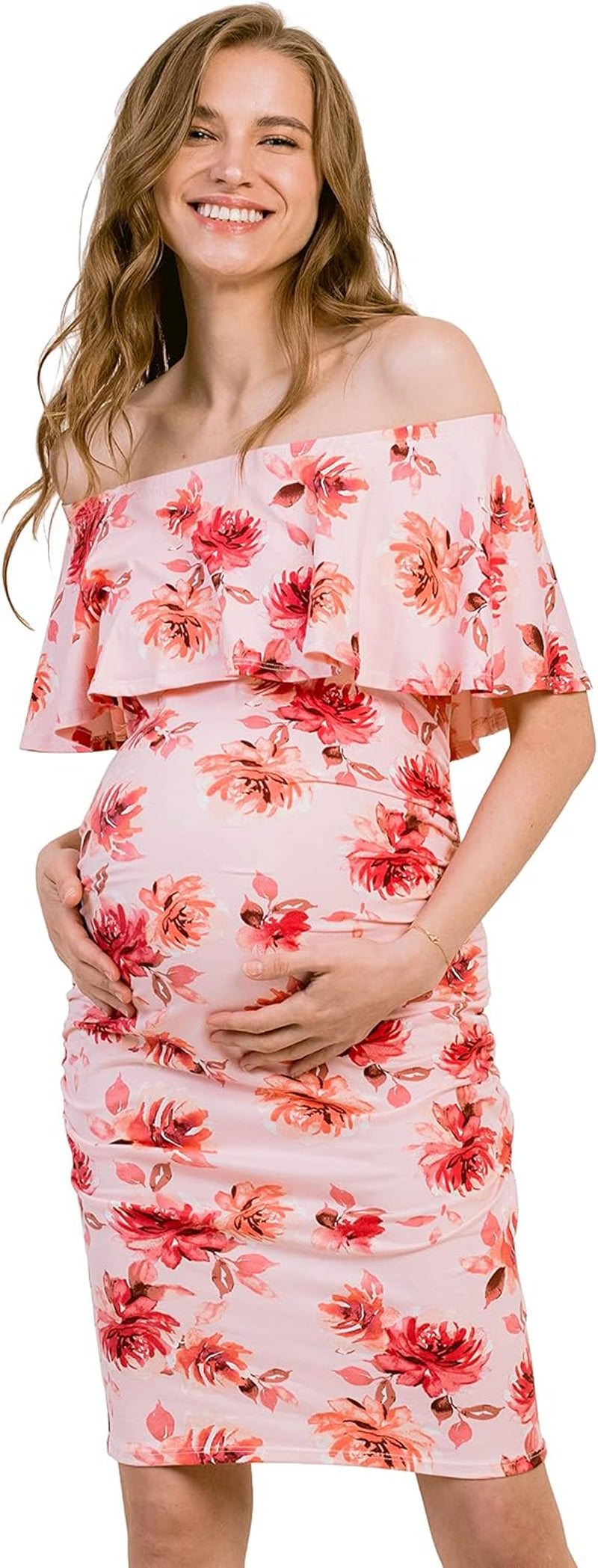 Hello MIZ Women'S Floral Ruffle off Shoulder Maternity Dress - Made in USA
