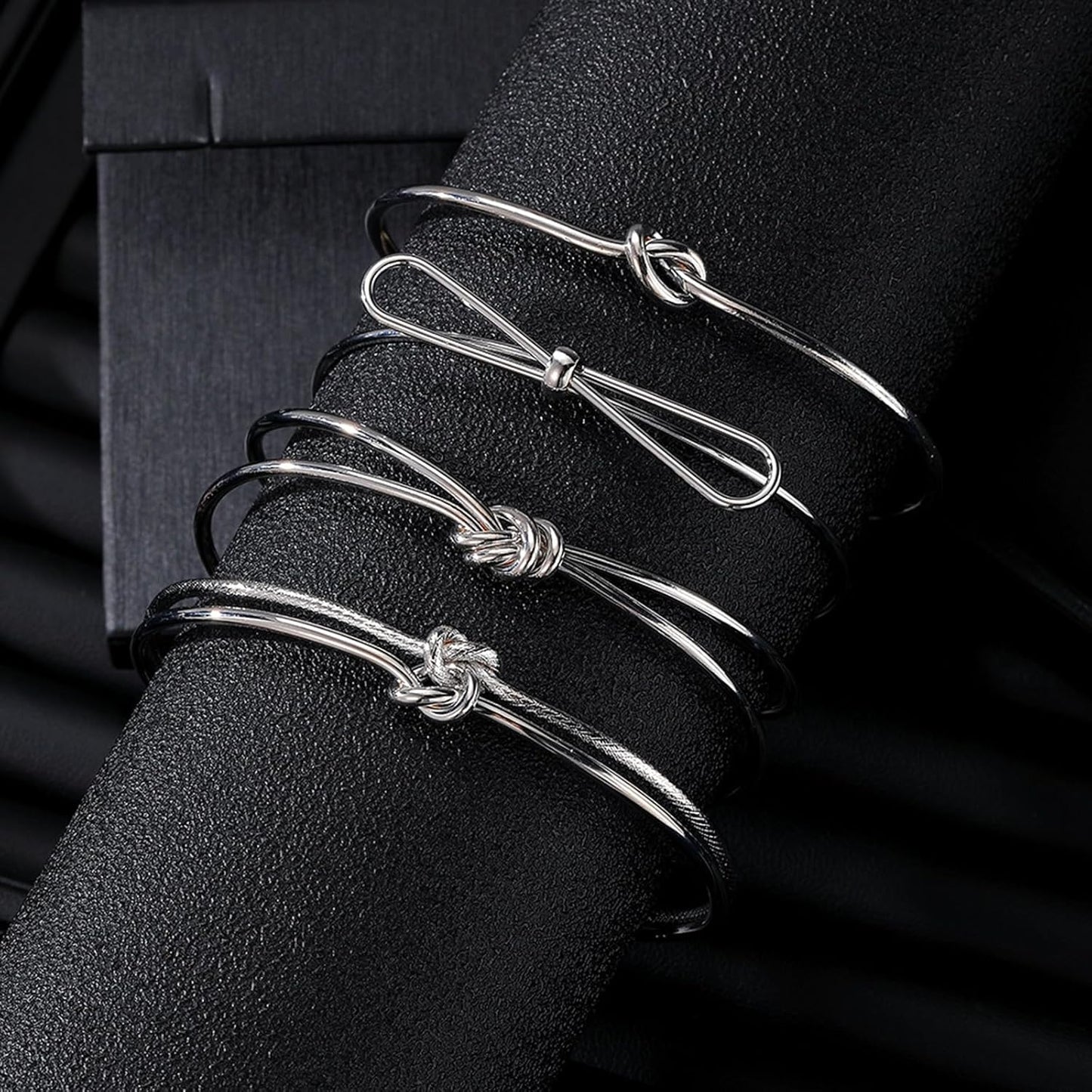 Silver Knot Bangle Bracelets for Women Dainty Knot Cuff Bangle Bracelet Set Adjustable Open Love Knot Bracelet Non Tarnish Waterproof Jewelry
