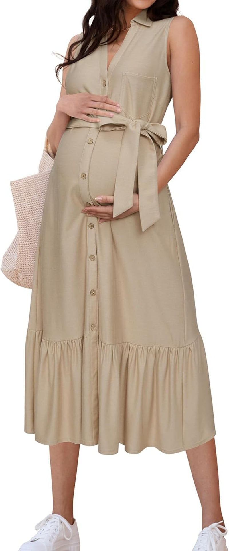 OUGES Womens 2025 Spring Maternity Dress Polo V Neck Sleeveless Ruffle Button Pregnancy Casual Work Dress with Pockets