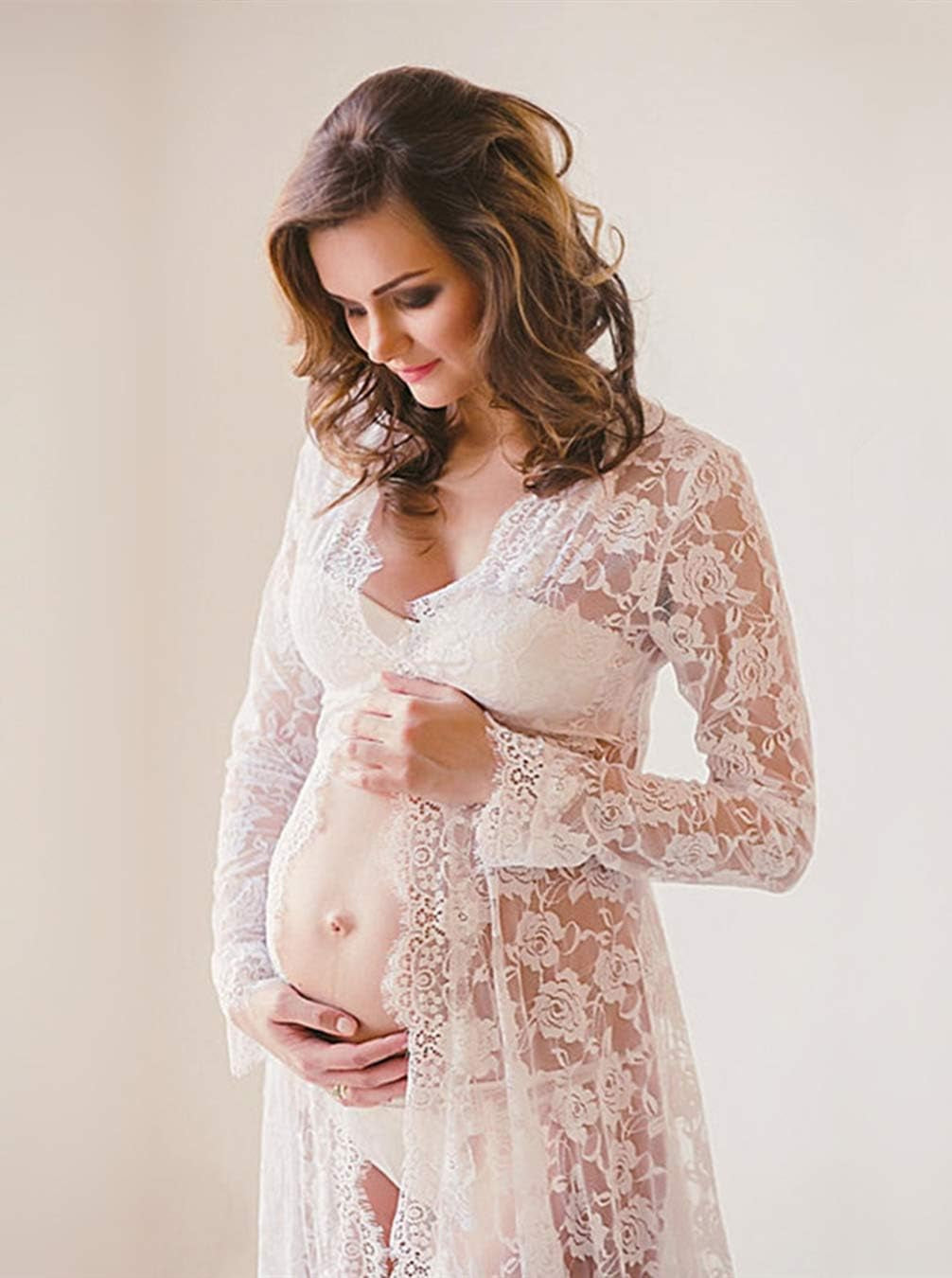 ZIUMUDY Maternity Deep V-Neck Split Front See-Through Maxi Lace Dress for Photography with Long Sleeve