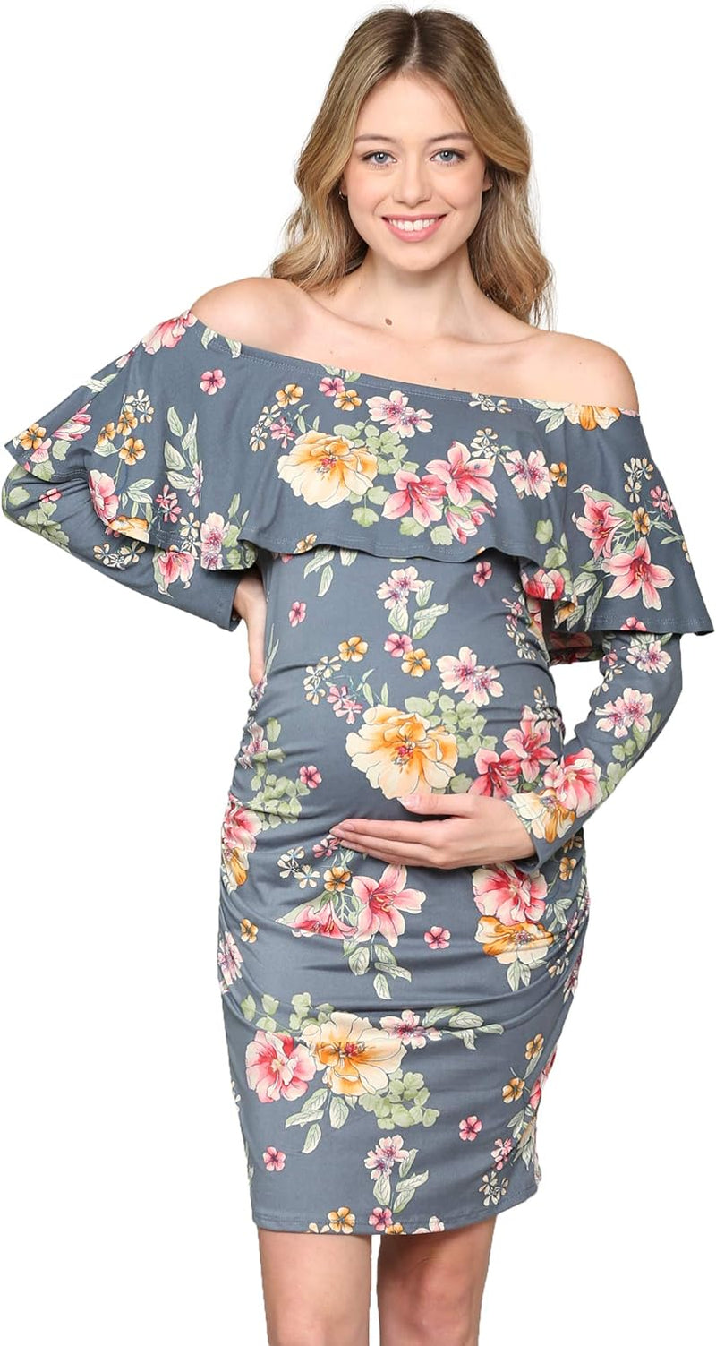 Hello MIZ Women'S Floral Ruffle off Shoulder Maternity Dress - Made in USA