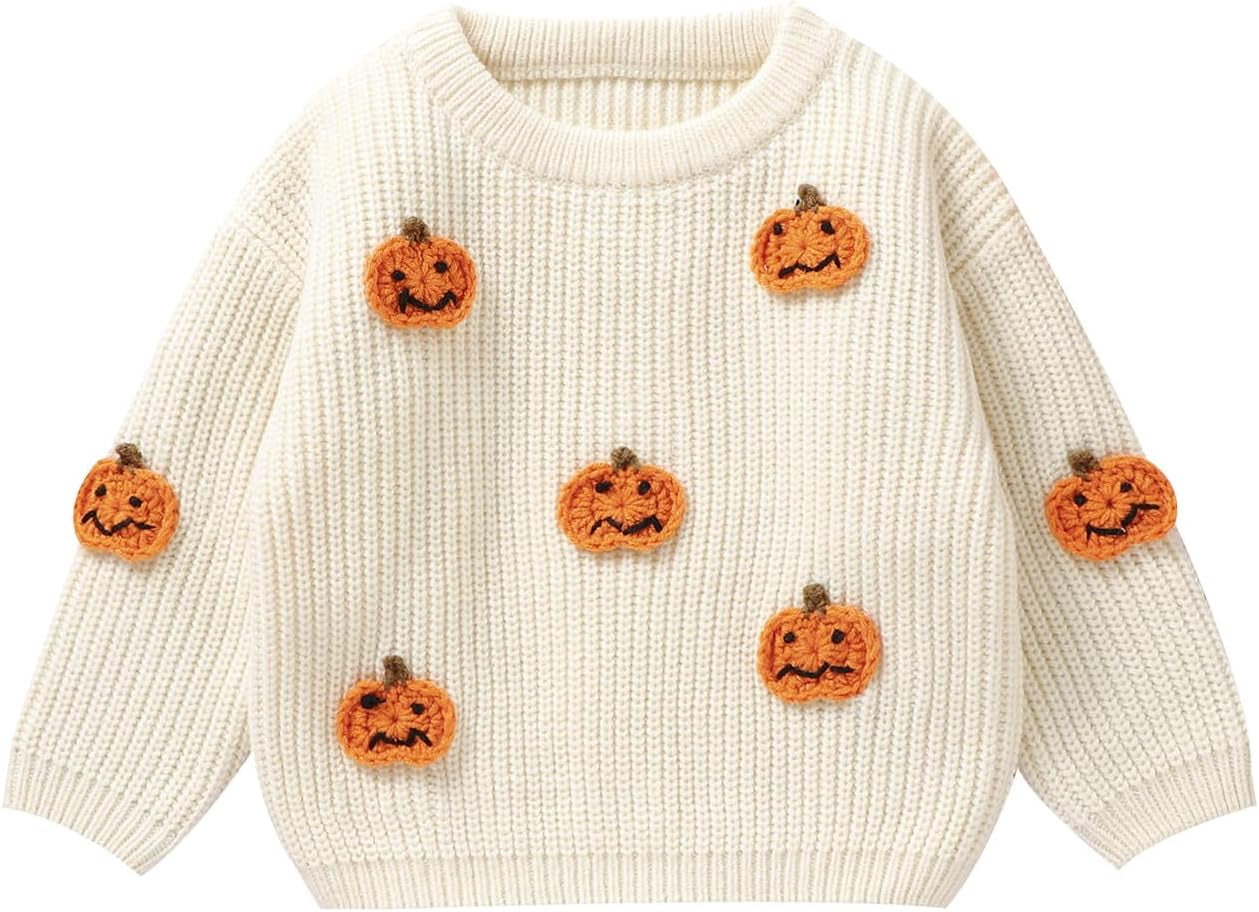 Baby Halloween Sweater Pumpkin Print Long Sleeve Crewneck Embroidery Knit Sweatshirt Toddler Fall Winter Pullover