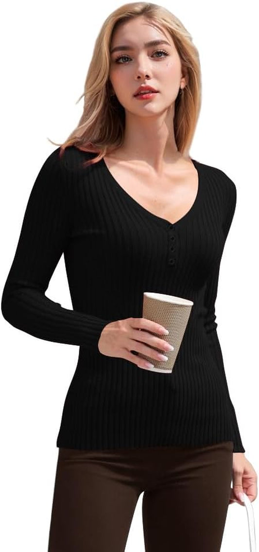 V28 Women Tops Long Sleeve V Neck Henley Button up Casual Sexy Slim Fit Ribbed Knit Knitwear Pullover Sweater