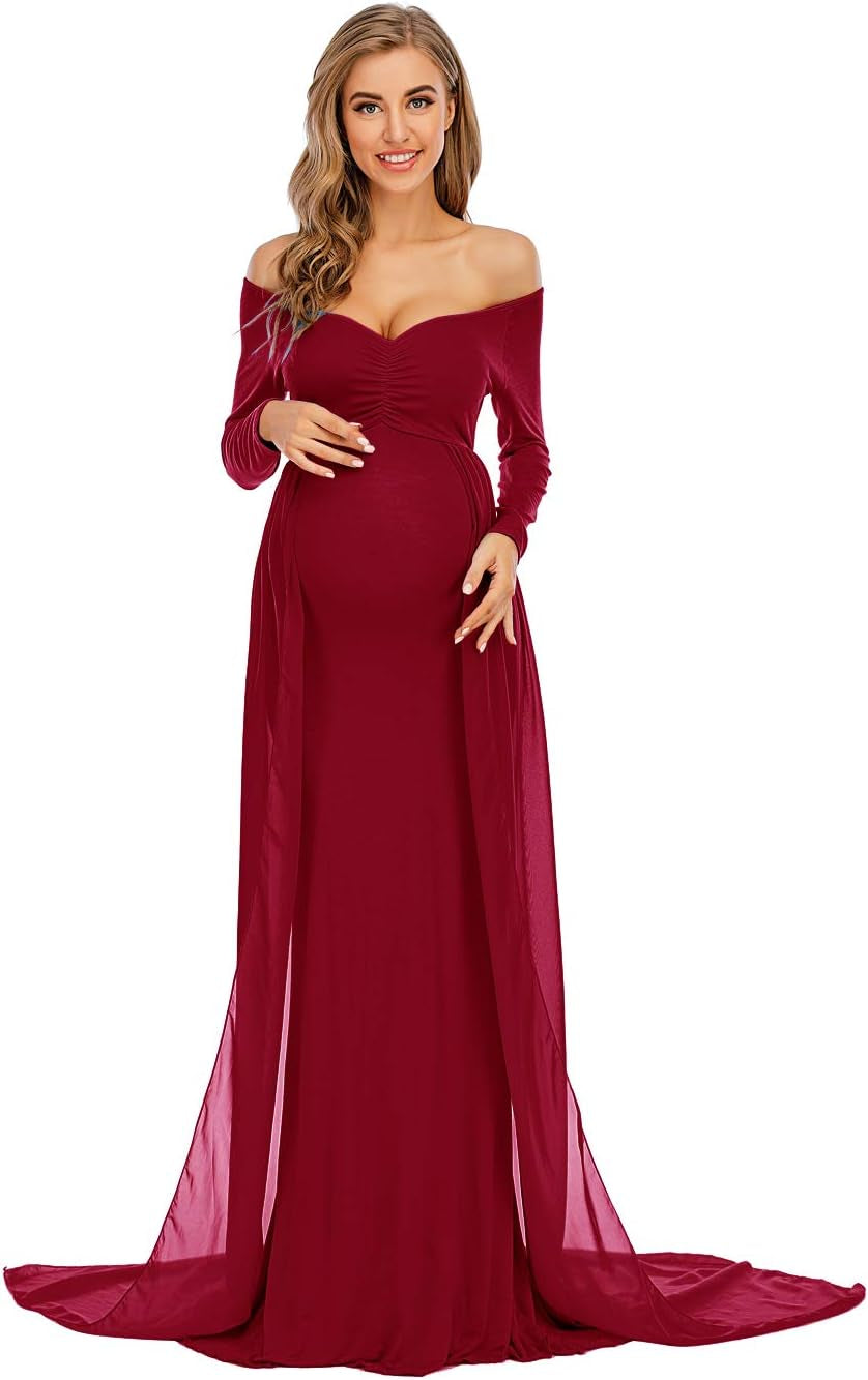 ZIUMUDY Maternity off Shoulder Long Sleeve Fitted Gown Maxi Chiffon Dress for Photo Shoot Baby Shower