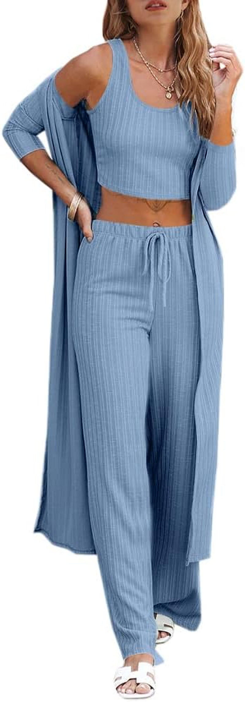 Fessceruna Womens 3 Piece Lounge Sets Pajamas Knit Long Sleeve Cardigan Crop Top Wide Leg Pants Loungewear Set