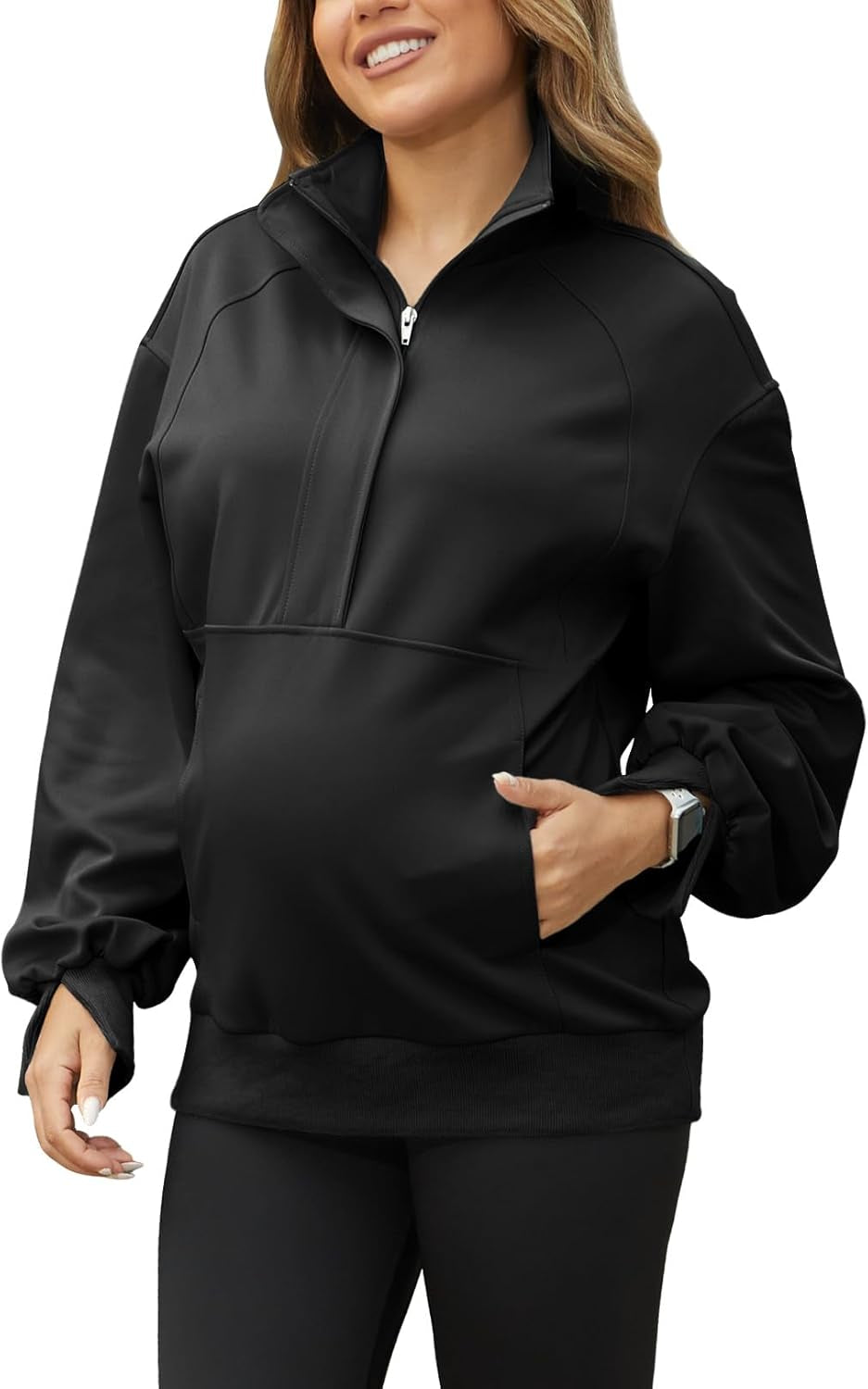 Bhome Maternity Sweatshirt Half Zip Pullover Lapel Shirt Long Sleeve Tunic with Pockets