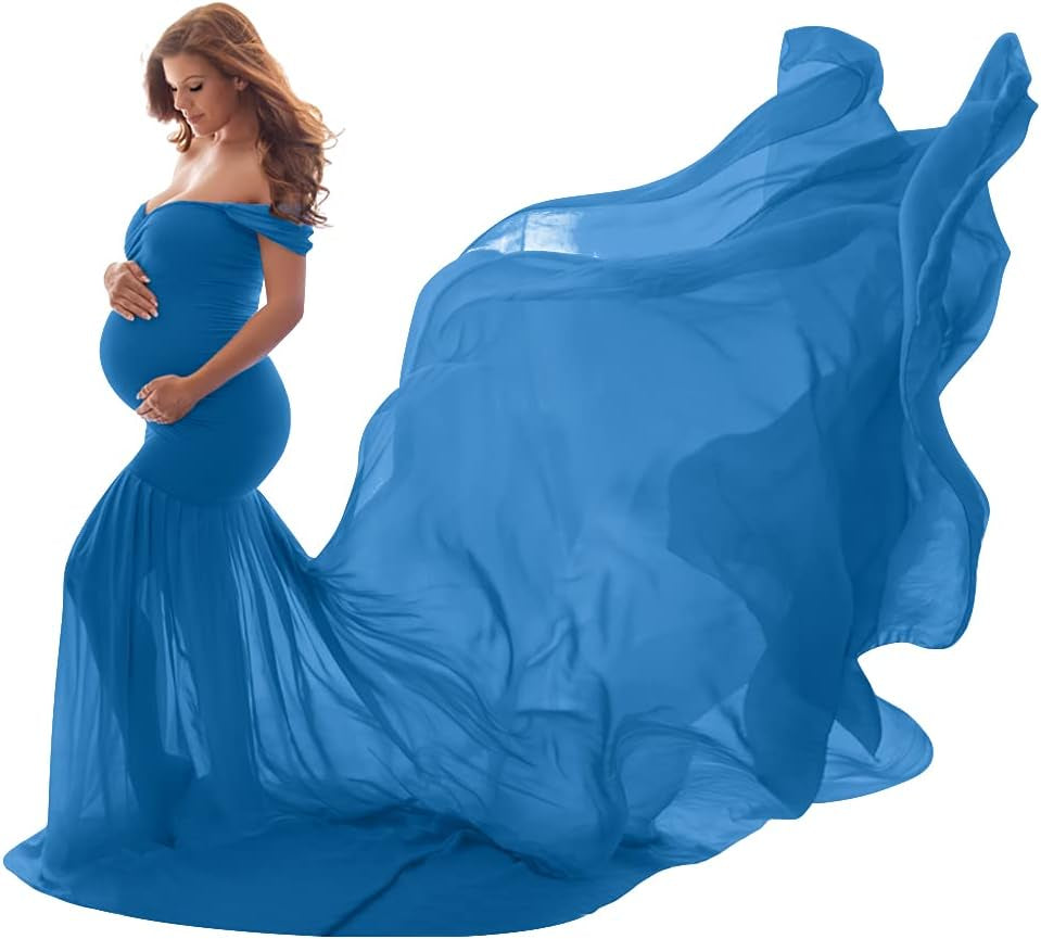 Women Maternity Dress for Photography Mermaid off Shoulder Slim Fitted Chiffon Gown Flowy Baby Shower Maxi Photo Props Dress
