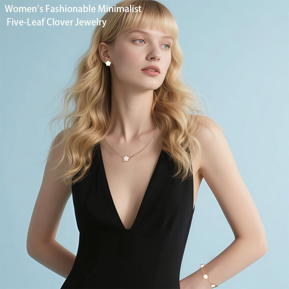 Luckybelle Leaf Clover Necklace & Gold Bracelet Set for Women, Elegant Bracelet,Earrings& Charm Jewelry Set for Anniversary, Birthday Gifts, Five-Leaf Clover Jewelry as Wedding, Party Accessories