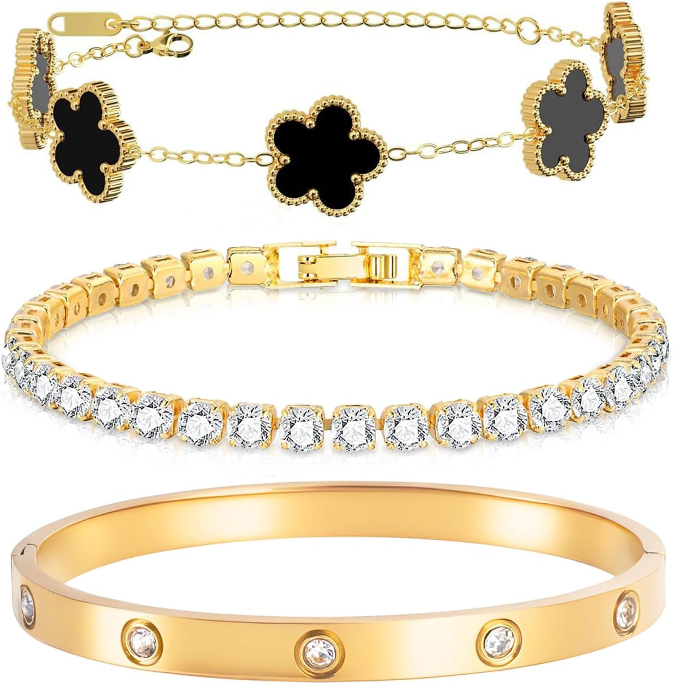 Gold Bracelets for Women-4Pcs/3Pcs,18K Gold Plated Bangle Tennis Bracelets Stack Set for Women Trendy Non Tarnish Stainless Steel Gold Bangles Accessories Designer Jewelry