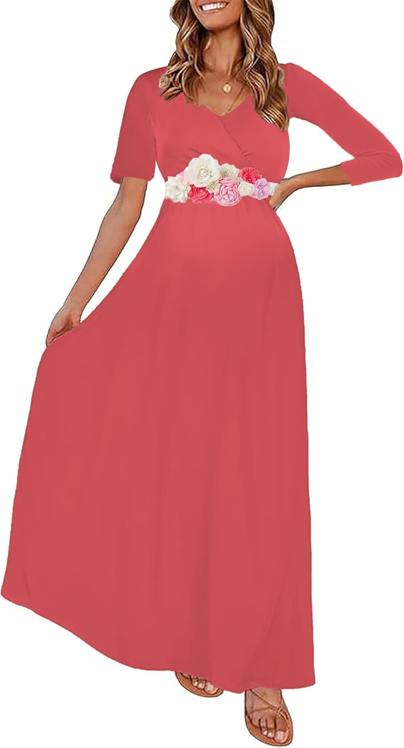 KIM S Maternity Maxi Dress with Flower Sash(S-3Xl)/Wrapped Ruched V Neck Photoshoot Baby Shower Dresses
