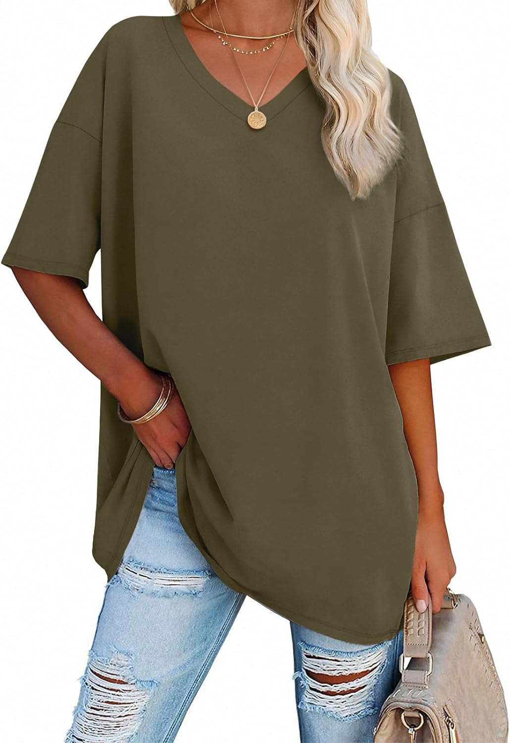ATHMILE Womens Summer Oversized Shirts V Neck Business Casual Workout Tops Beach Vacation 2025 Gym Clothes