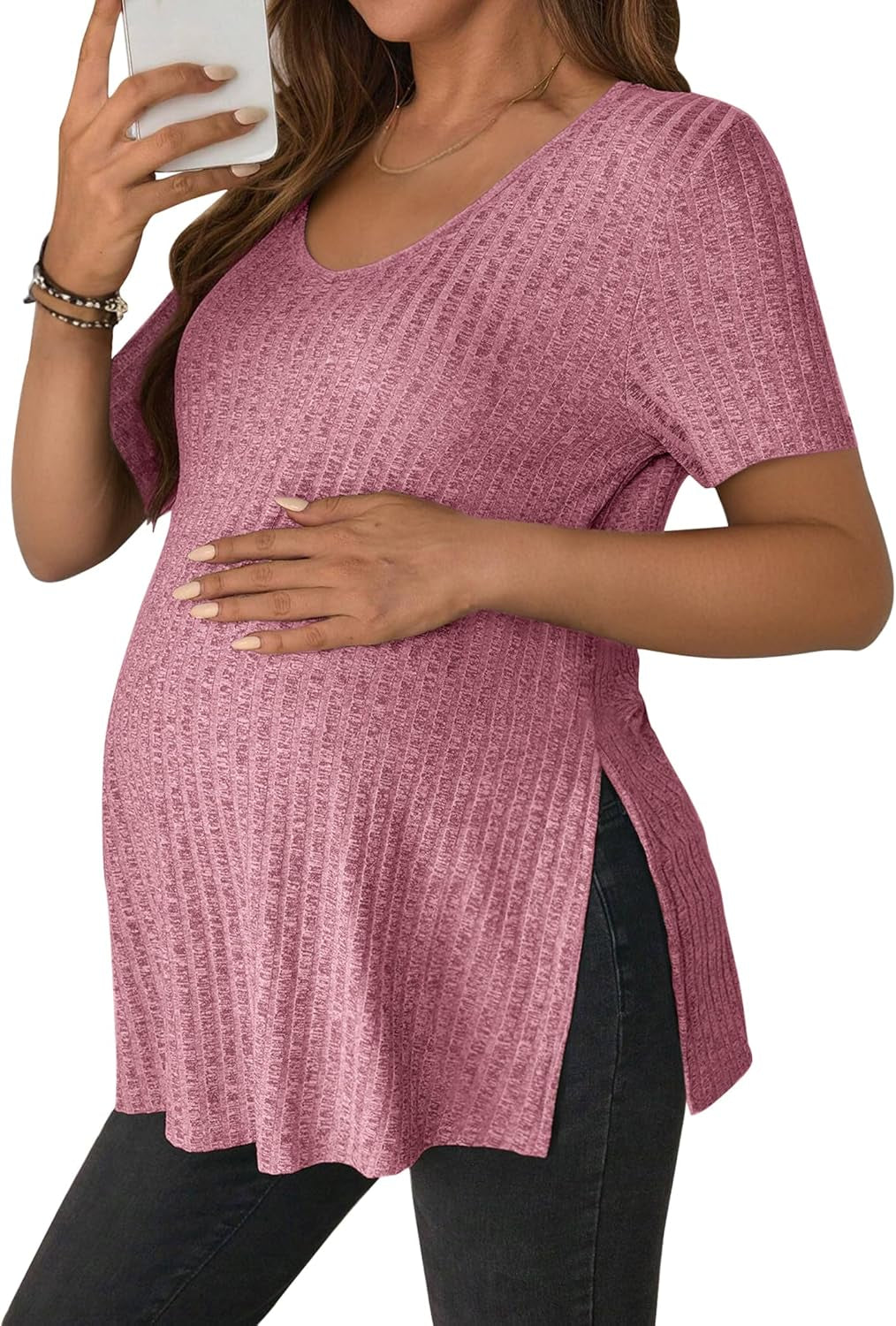 Jinigolla Women'S Maternity T Shirt Ribbed Knit Pregnancy Tops Side Split Casual Maternity Blouse