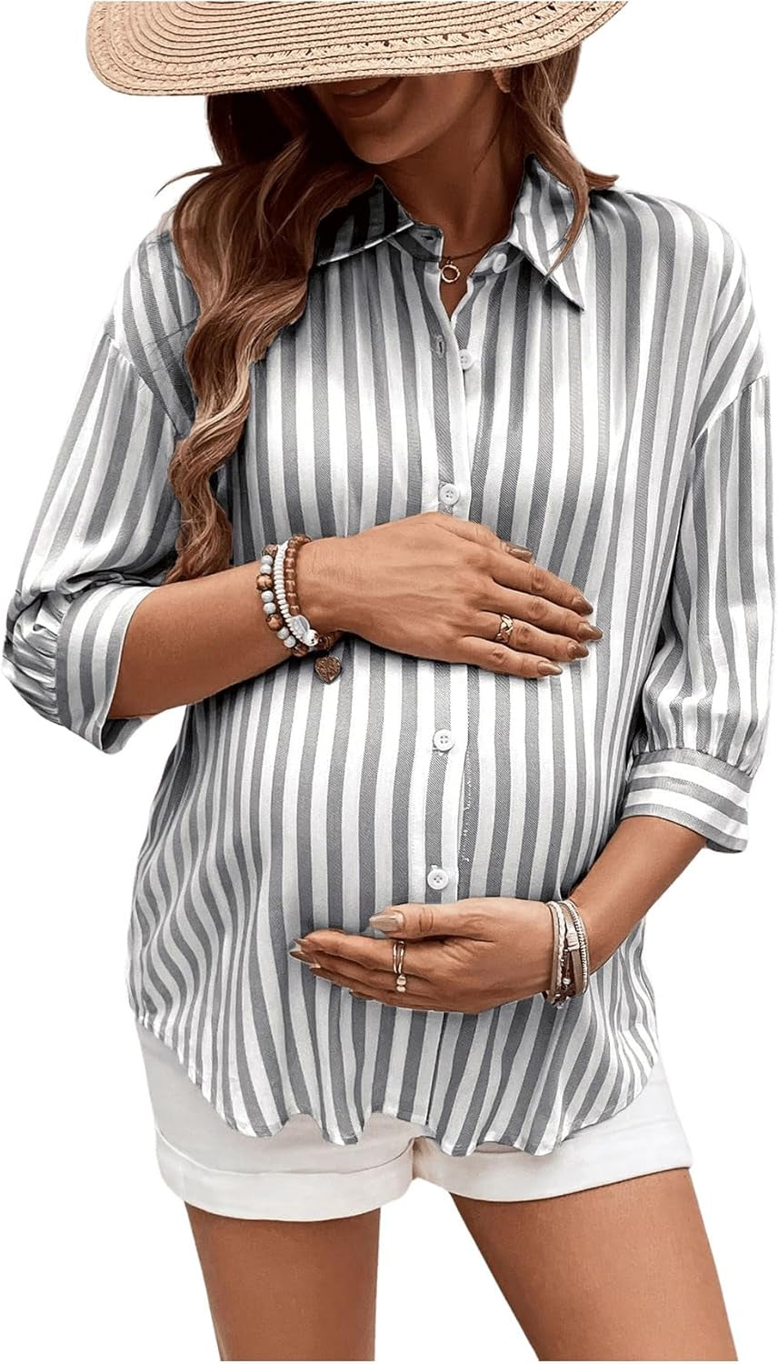 Makemechic Women'S Maternity Shirts Blouses Striped Button down 3/4 Sleeve Pregnancy Nursing Top
