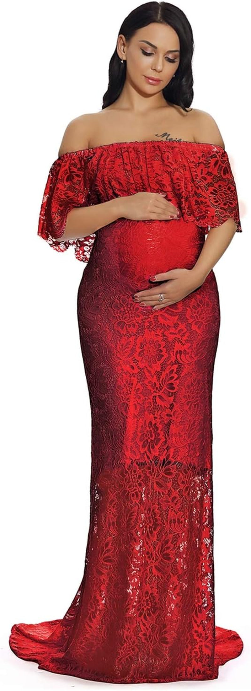 ZIUMUDY Women'S off Shoulder Ruffles Lace Maternity Gown Maxi Photography Baby Shower Dress