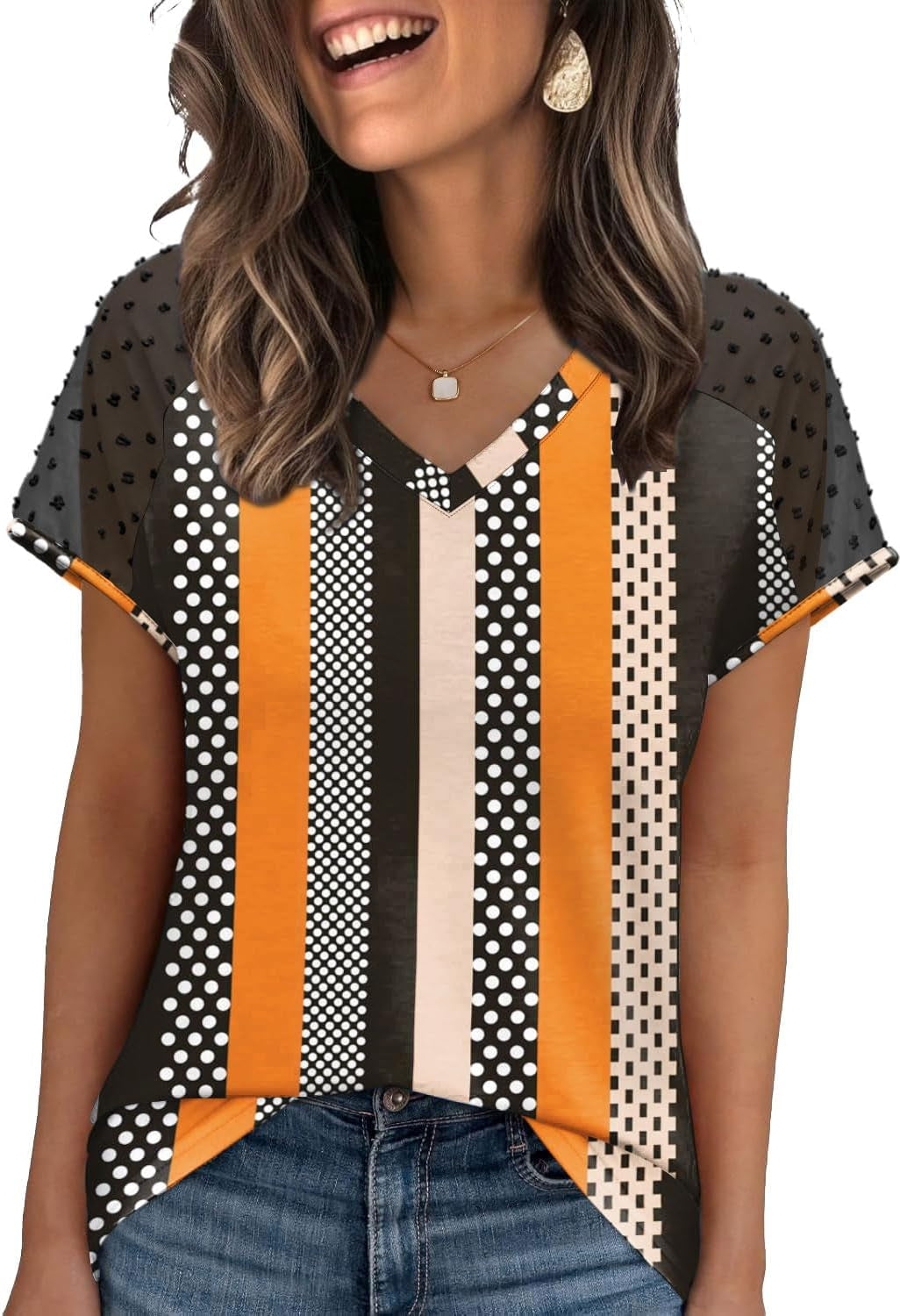 WIHOLL Summer Tops for Women V Neck T-Shirts Swiss Dot Short Sleeve Shirts Casual Fashion Blouses