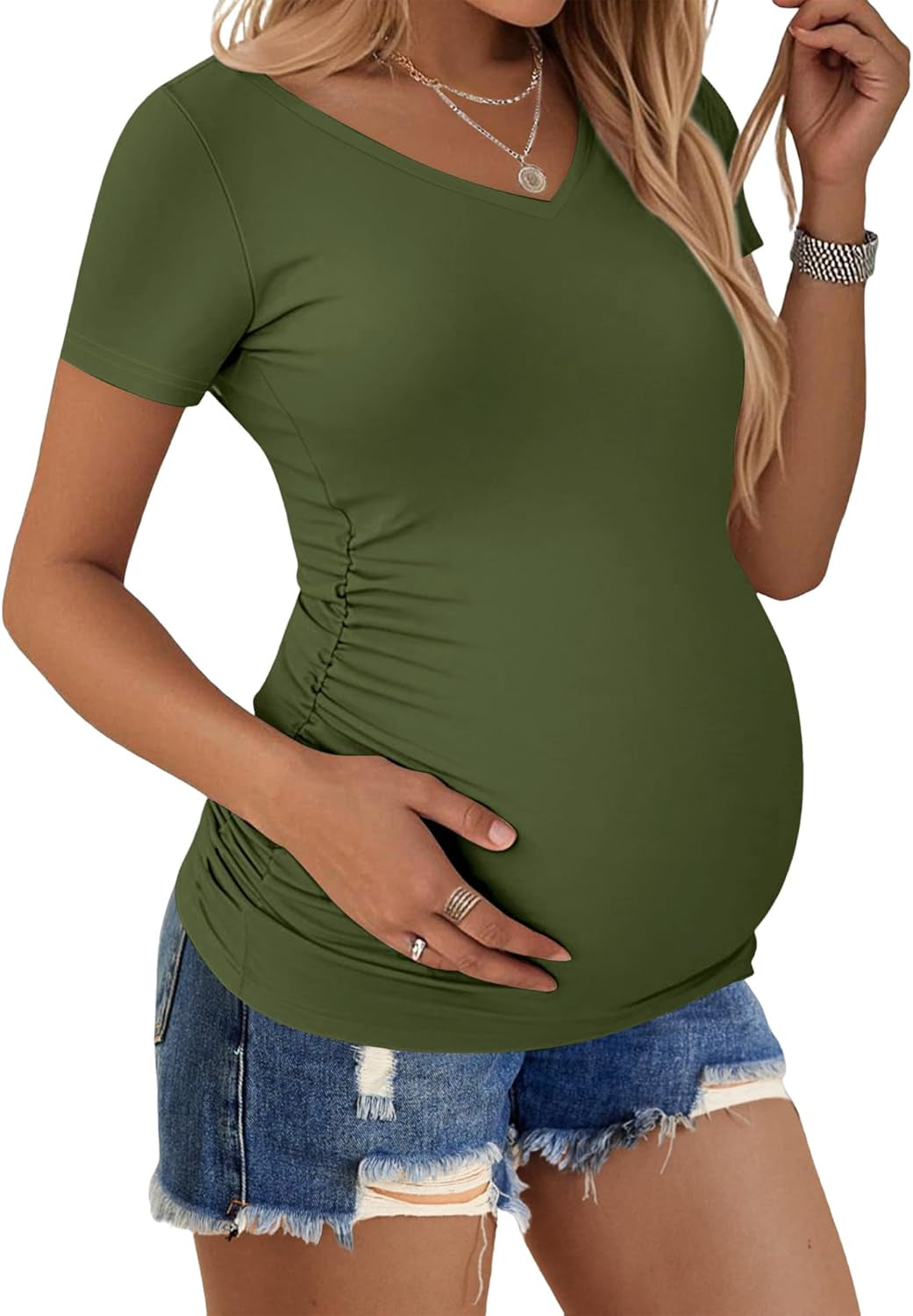 Ekouaer Maternity Shirts V Neck Short Sleeve Side Ruched Tops Tunic Casual Pregnancy Clothes S-XXL