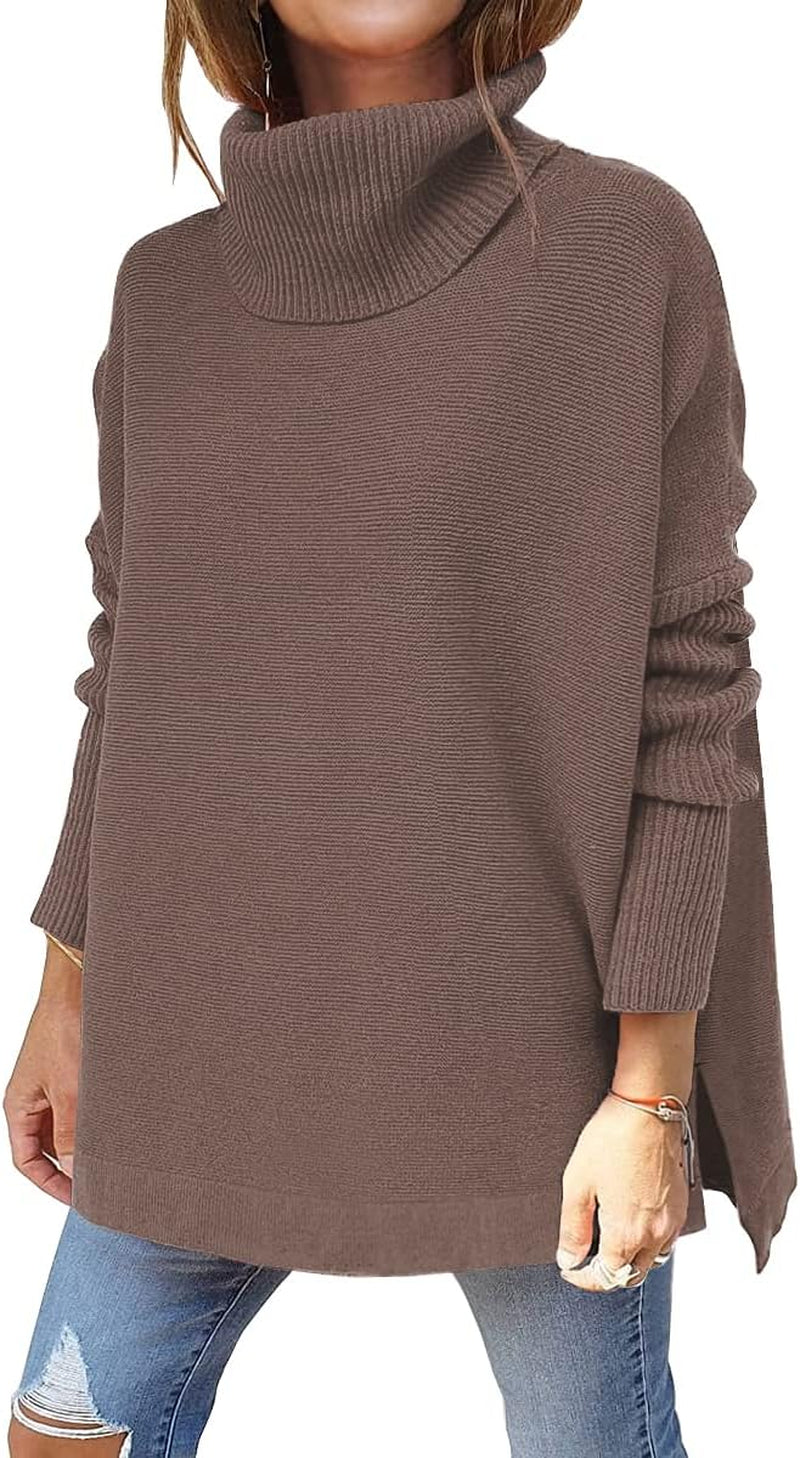 LILLUSORY Women'S Turtleneck Oversized Sweaters Long Batwing Sleeve Spilt Hem Tunic Pullover Knit Tops