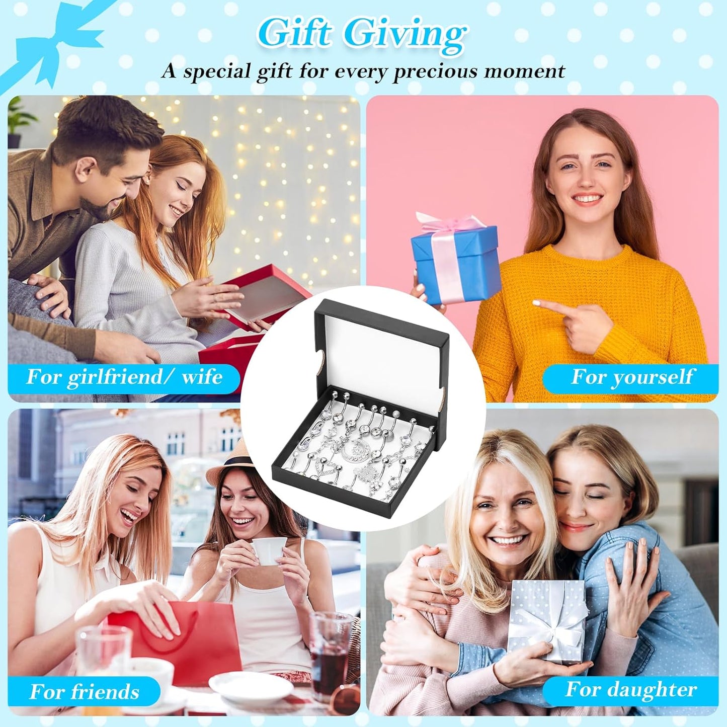 Lucomb 16 PCS 14G Dangle Belly Button Rings for Women, Stainless Steel Dangling Piercing Jewelry Belly Rings, Navel Rings Pack Cute Piercing Barbell Body Jewelry Gifts for Women