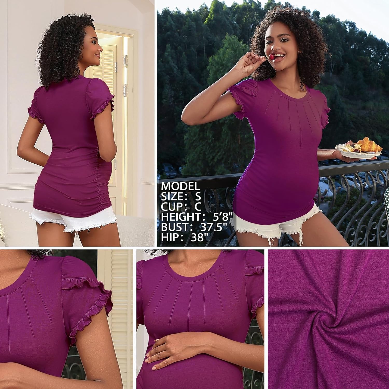 GINKANA Maternity Tops Short Petal Sleeve Tshirt Pleated round Neck Tee Ruched Sides Shirts Casual Tunic