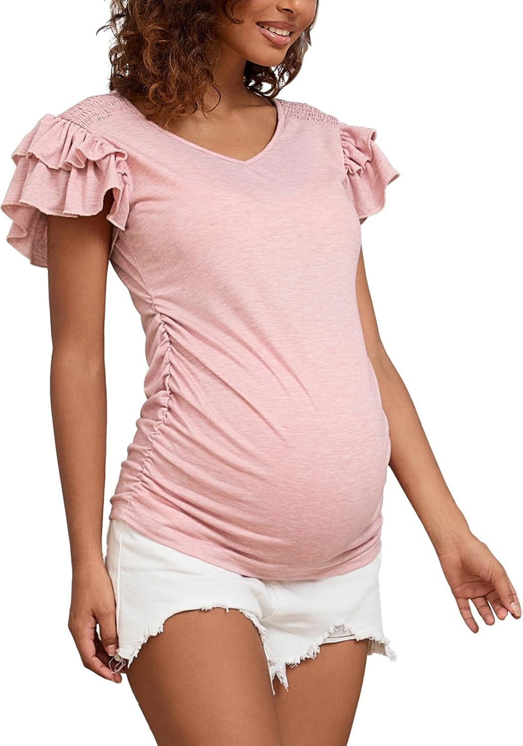 Bhome Maternity Summer Ruffle Tops,Casual Frilled V-Neck Short Sleeve Fitted Blouse Shirts Trendy for Women