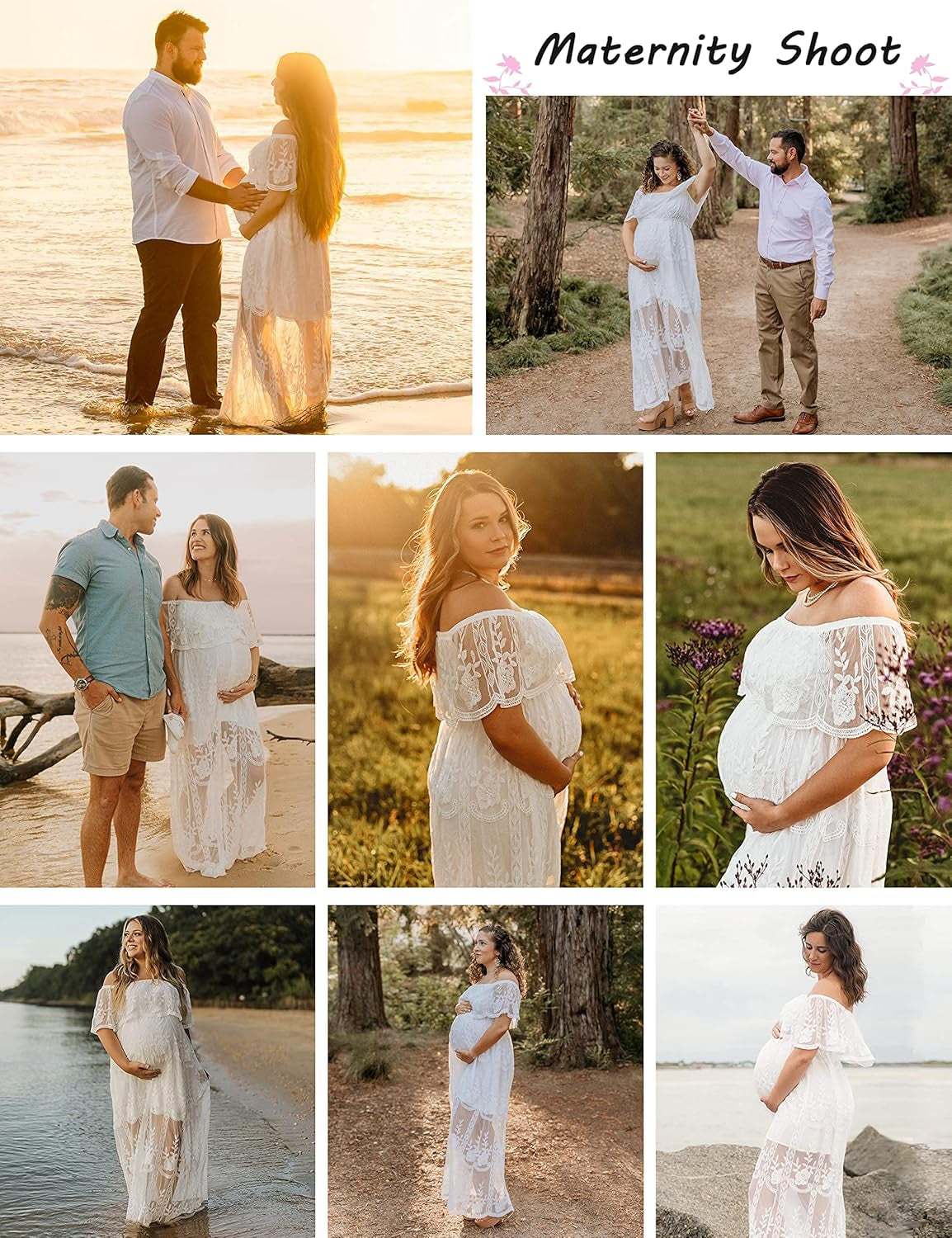 HOYISHION Women'S off the Shoulder Floral Lace Maxi Dress White Bridesmaid Wedding Party Maternity Photoshoot Long Dresses