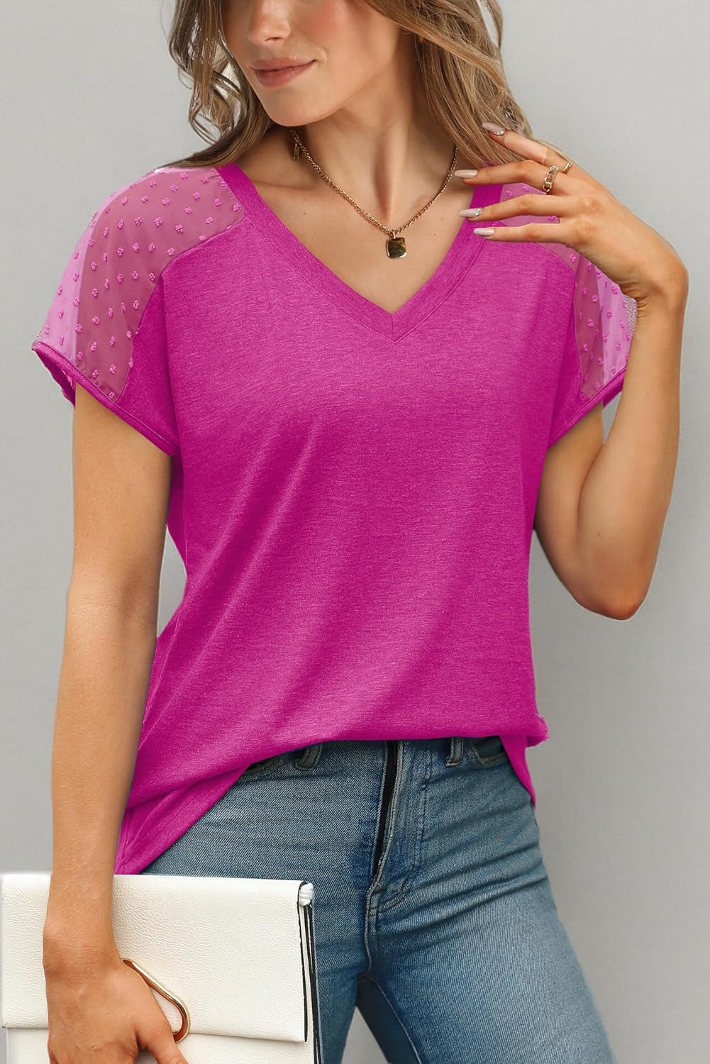 WIHOLL Summer Tops for Women V Neck T-Shirts Swiss Dot Short Sleeve Shirts Casual Fashion Blouses