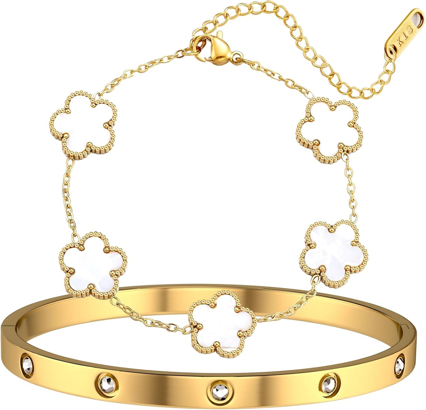 18K Gold Plated Lucky Clover Bracelet and Friendship Love Bangle Bracelets Set for Women Girlfriend Gold Cubic Zirconia Bracelet Set, Christmas Valentines Wedding Birthday Gifts