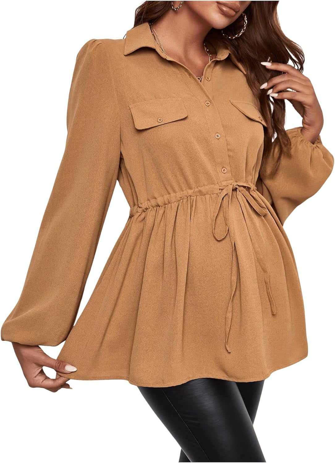 Makemechic Women'S Maternity Shirts Long Sleeve Belted Button down Casual Pregnancy Blouse Tops