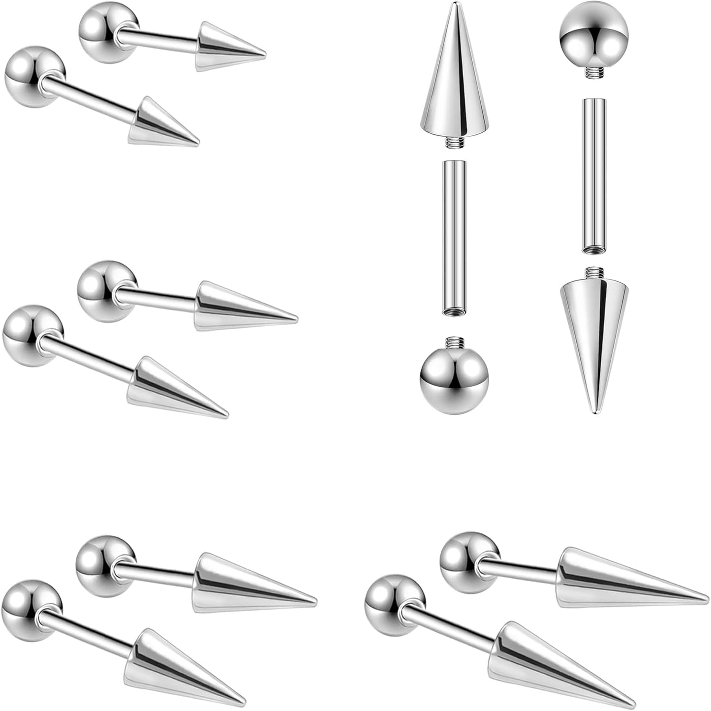 ZS 16G/18G Spike Cartilage Tragus Helix Piercing, Stainless Steel Spike Stud Earrings Internal Thread Curved Barbell Nose Bridge Rings Snake Bite Piercing Jewelry for Women Men