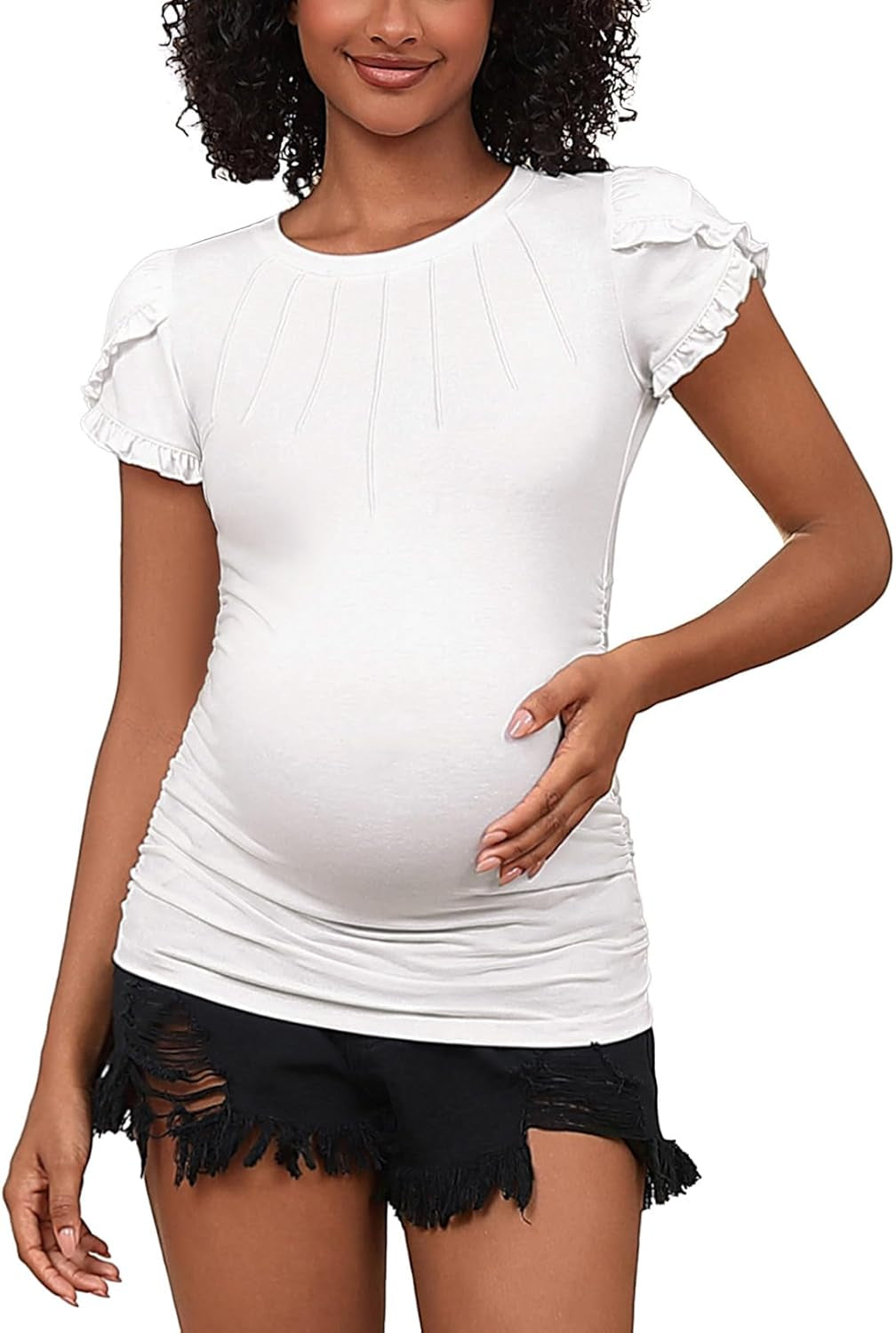 GINKANA Maternity Tops Short Petal Sleeve Tshirt Pleated round Neck Tee Ruched Sides Shirts Casual Tunic
