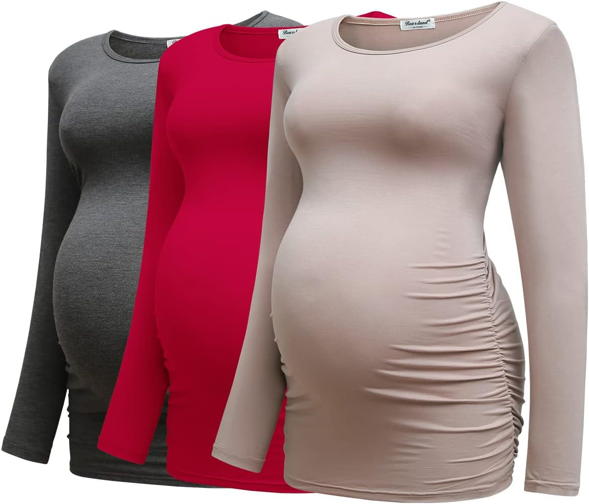 Bearsland Womens Maternity Long Sleeve Tshirt 3 Packs Classic Side Ruched Tee Top Mama Pregnancy Clothes