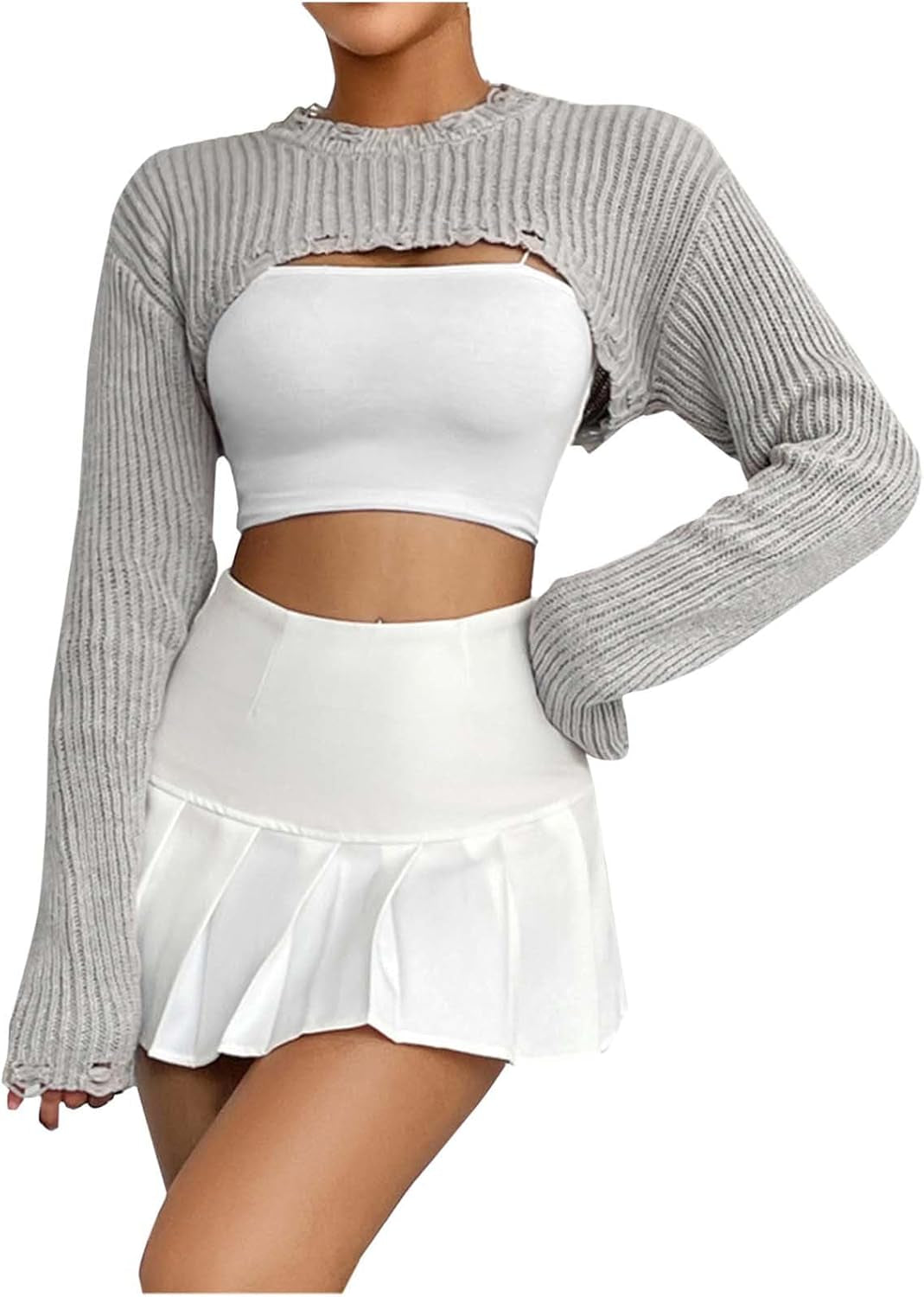 Hgps8W Women'S Cropped Sweater, Sexy Ripped Long Sleeve Crewneck Loose Pullover Knitwear Tops