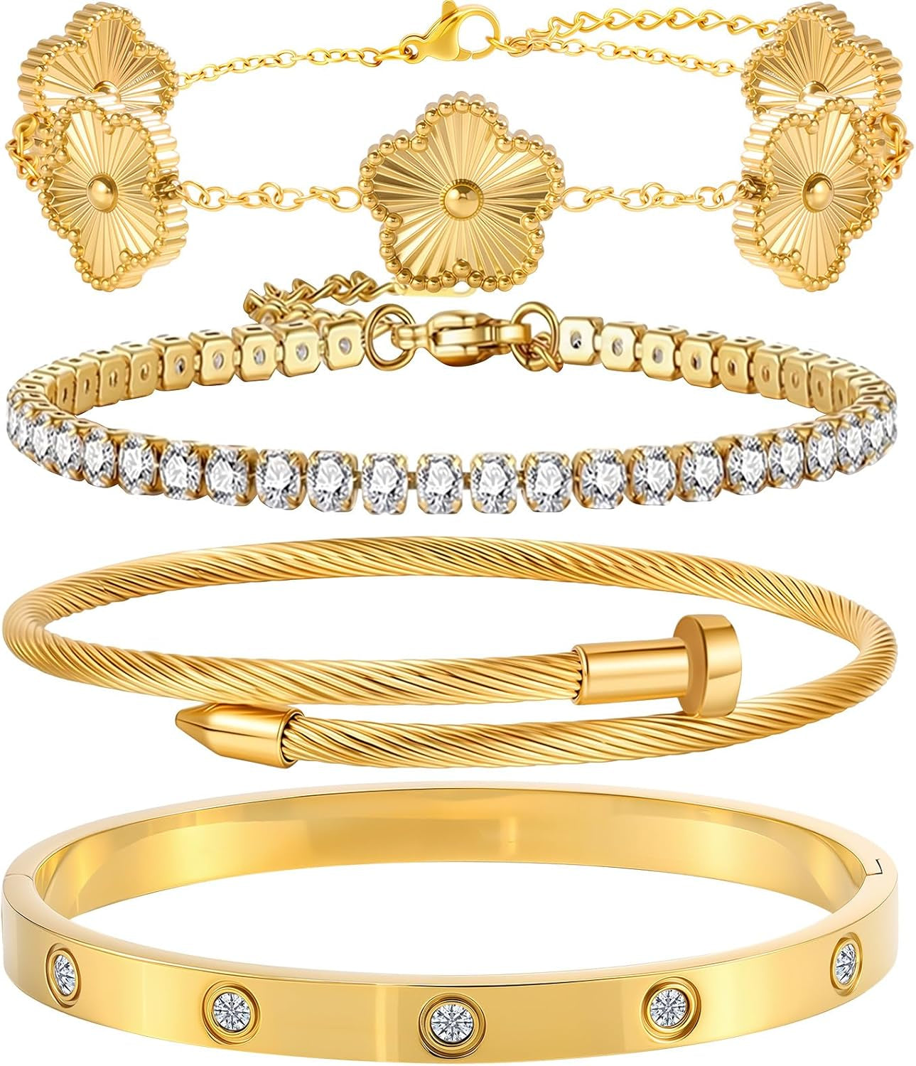 Gold Bracelets for Women-4Pcs 18K Gold Plated Love Bangle Tennis Clover Nail Bracelets Stack Set for Women Trendy Non Tarnish Stainless Steel Gold Bangles Accessories Designer Jewelry