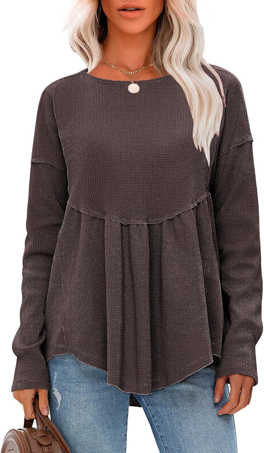 EXLURA Waffle Knit Long Sleeve Shirts for Womens Crewneck Loose Babydoll Tunic Tops Maternity Tops Fall Fashion 2025 Clothes