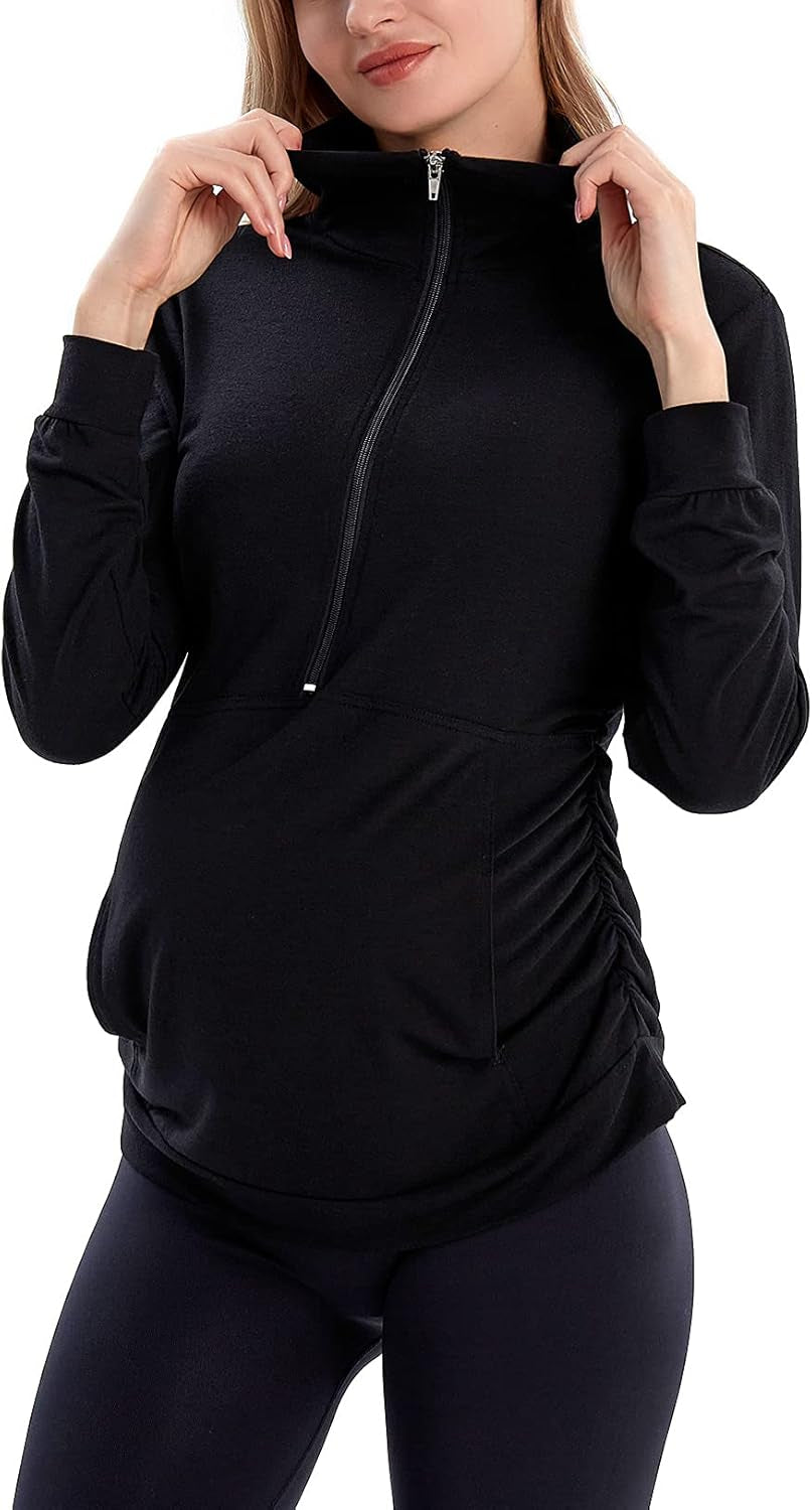 GINKANA Maternity Women'S Long Sleeve Shirt Half Zipper Lapel Lightweight Casual Maternity Pullover with Pockets